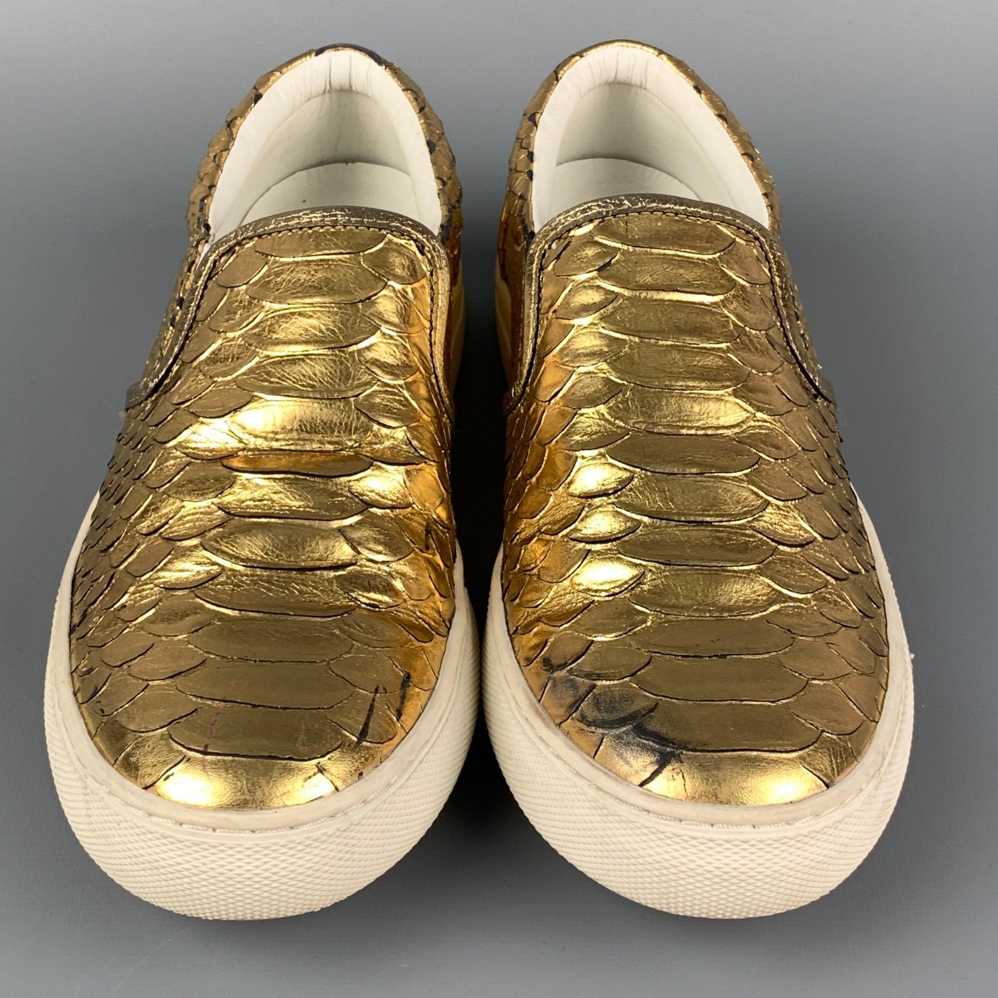 Women's MARC JACOBS Size 7.5 Gold Textured Leather Slip On Sneakers For Sale