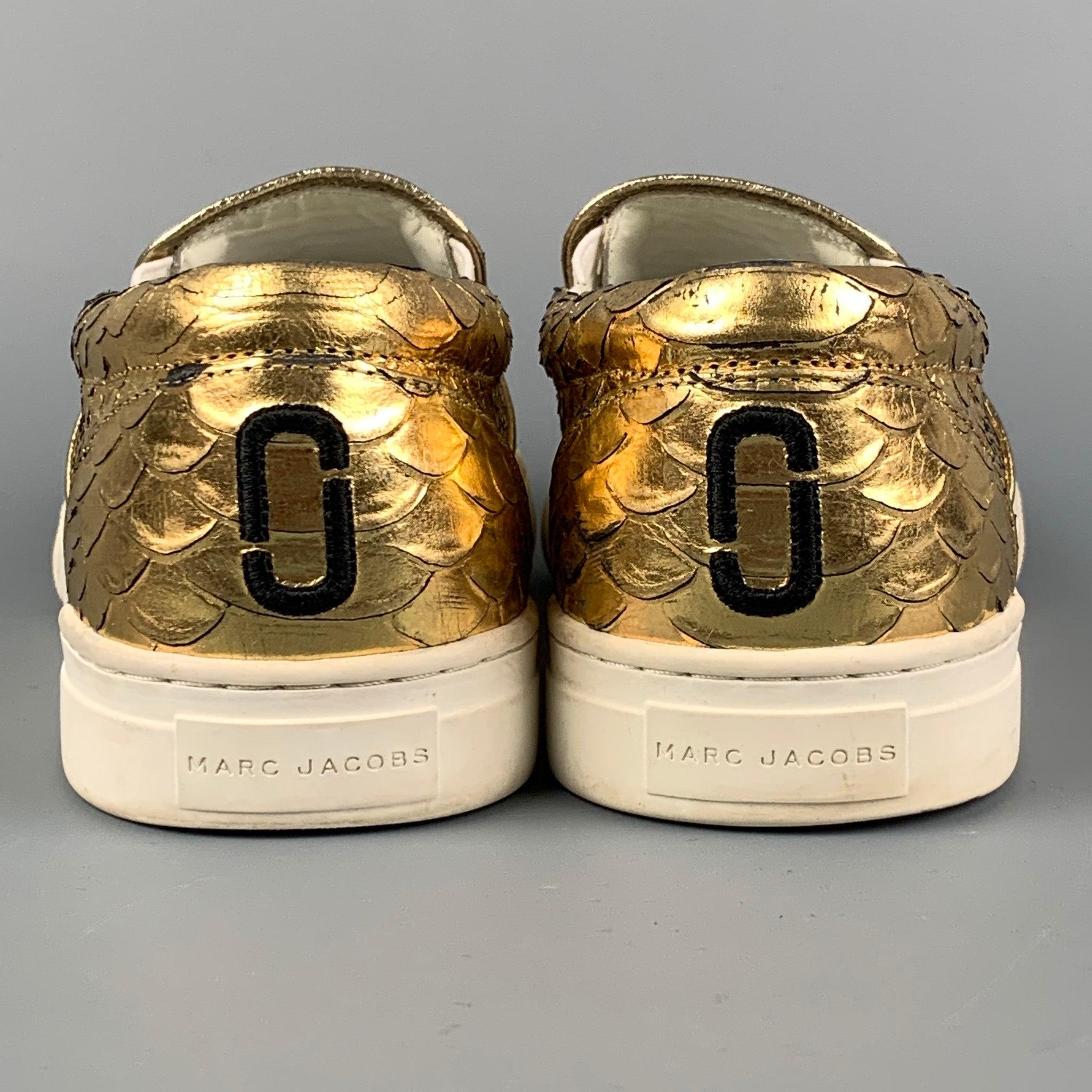 MARC JACOBS Size 7.5 Gold Textured Leather Slip On Sneakers For Sale 1