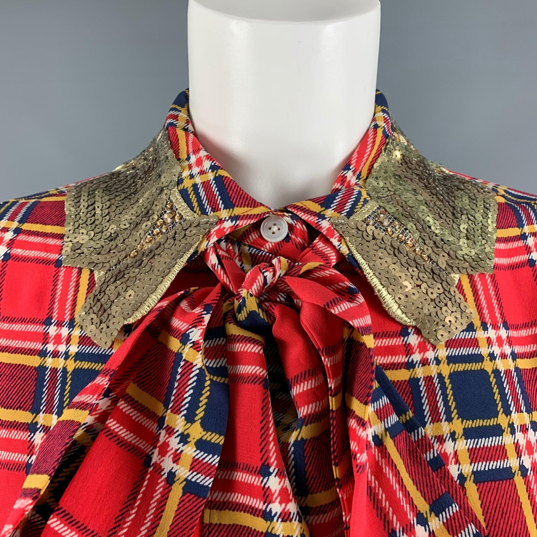 MARC JACOBS long shirt comes in a red & blue plaid silk featuring a loose fit, front bow design, sequined collar, and a buttoned closure. Excellent Pre-Owned Condition. 

Marked:   8 

Measurements: 
 
Shoulder: 18.5 inches Bust: 49 inches Sleeve: