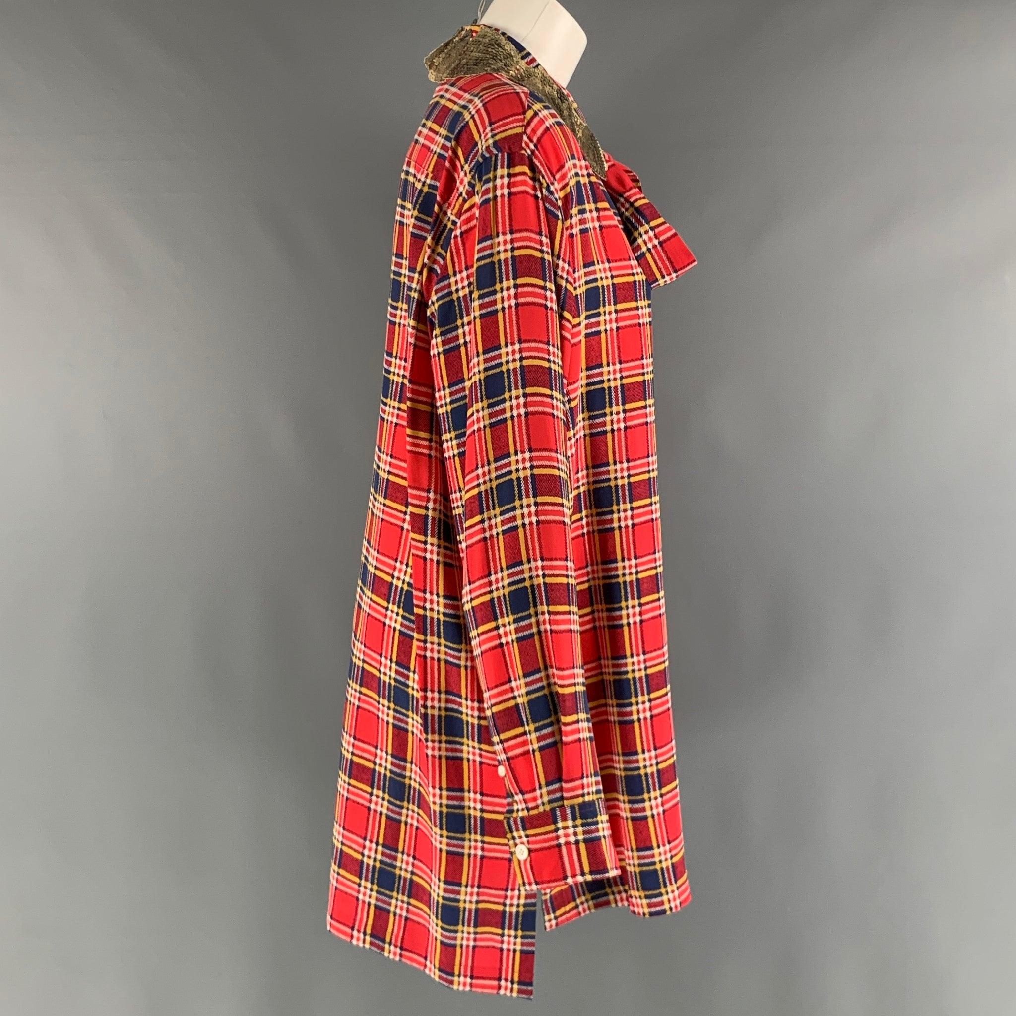MARC JACOBS Size 8 Red Yellow/Blue Silk Plaid Long Shirt In Excellent Condition For Sale In San Francisco, CA