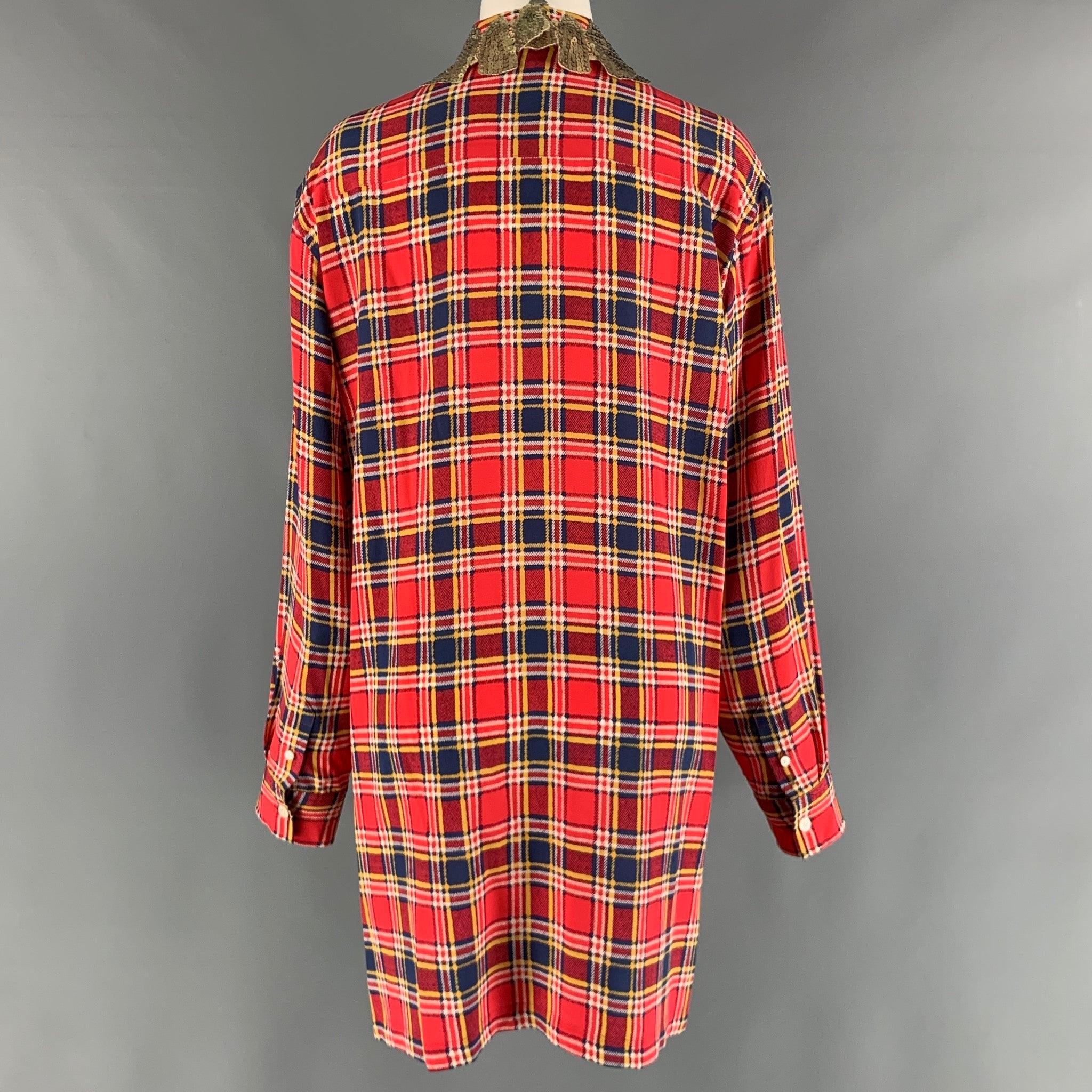 Women's MARC JACOBS Size 8 Red Yellow/Blue Silk Plaid Long Shirt For Sale