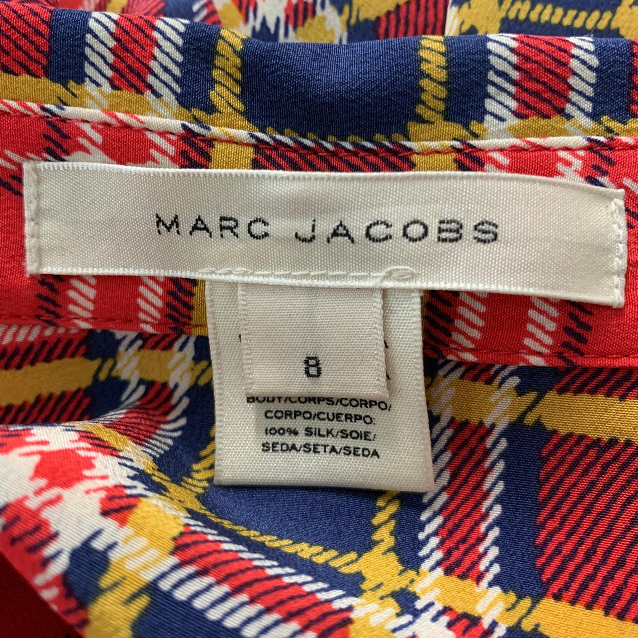 MARC JACOBS Größe 8 rot gelb/blau kariertes Seidenhemd lang im Angebot 1