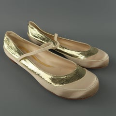 MARC JACOBS Size 9.5 Beige / Gold Silk & Leather Mary Jane Flats