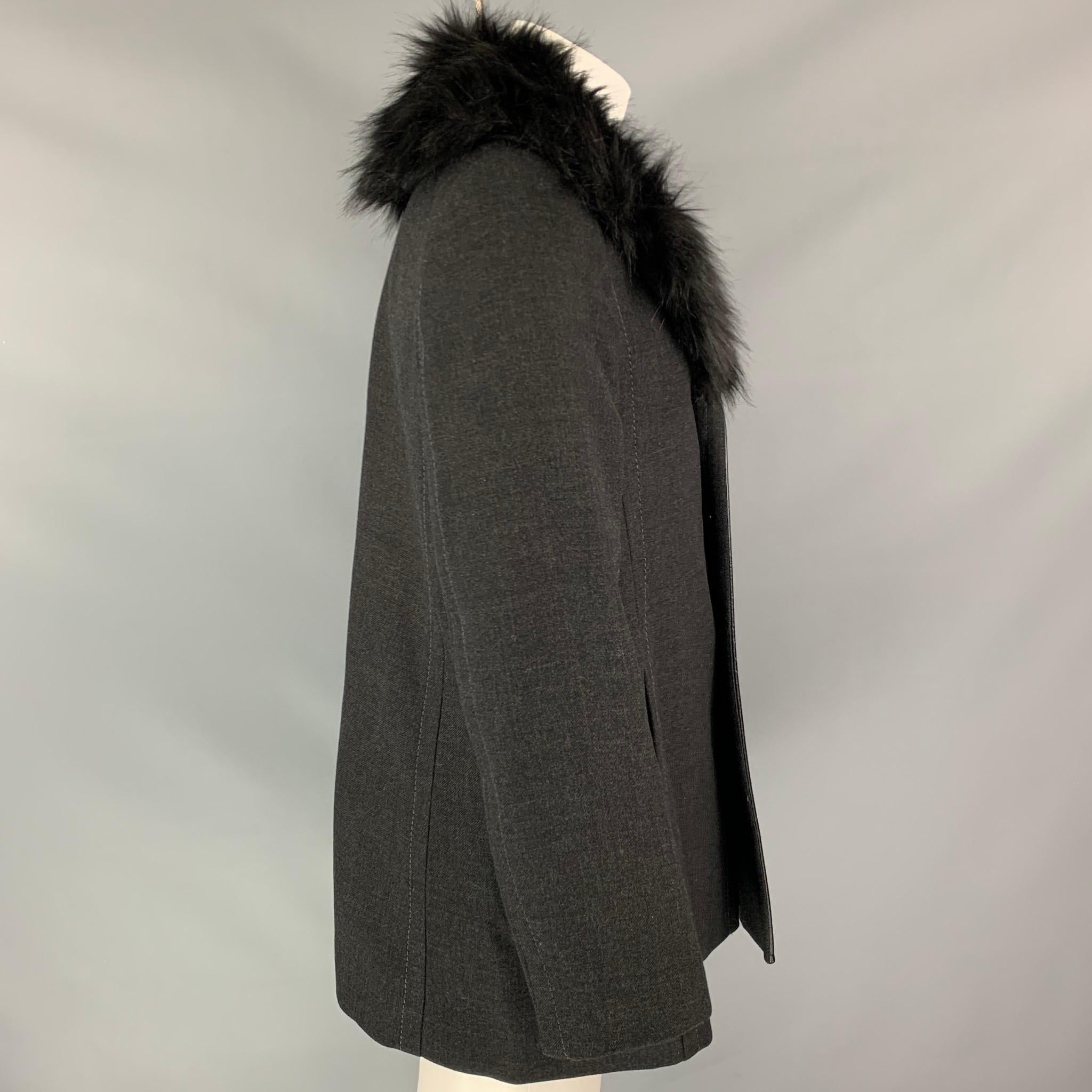 Black MARC JACOBS Size L Charcoal Wool Faux Fur Lapel Car Coat Coat