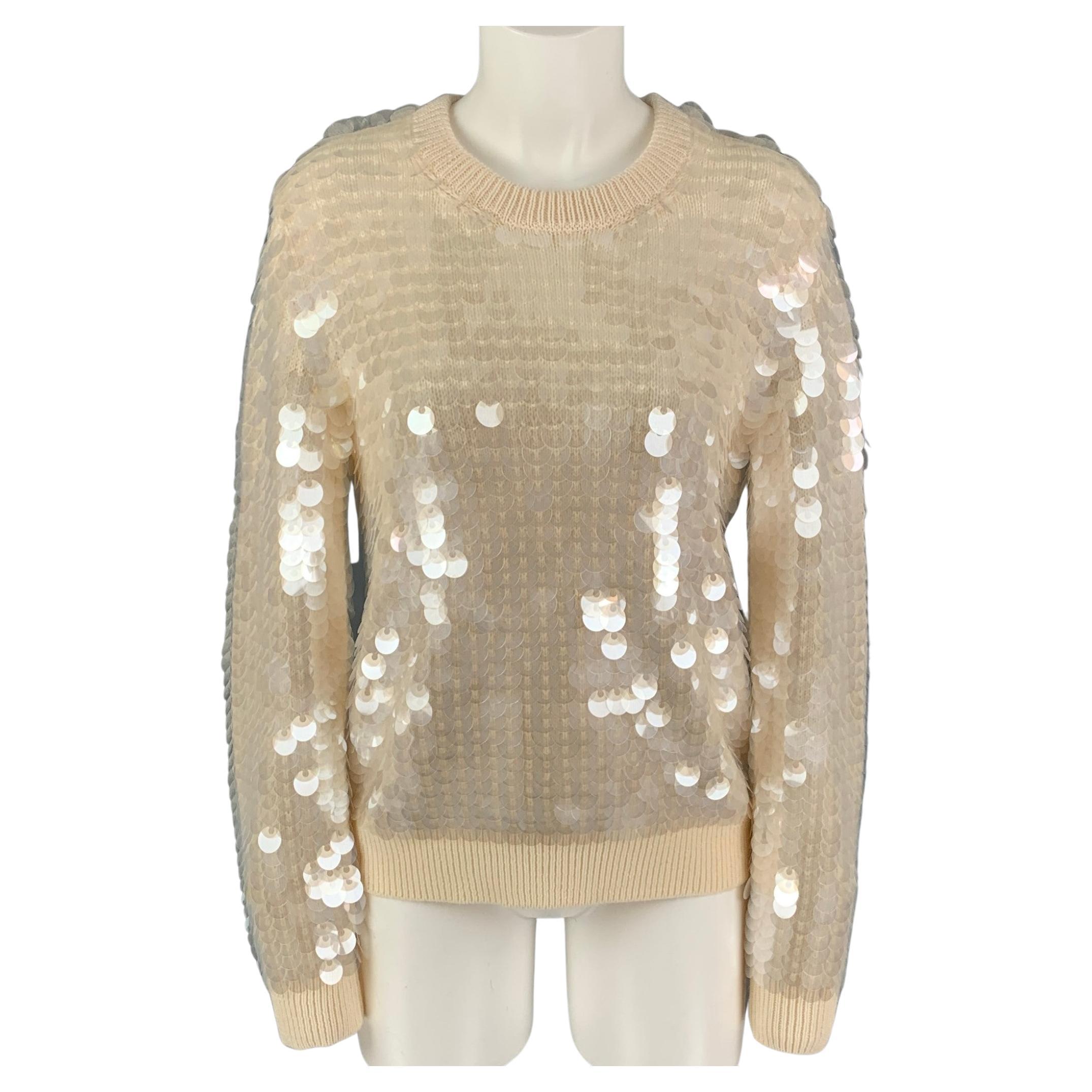 MARC JACOBS Size S Beige Transparent Wool Payettes Crew-Neck Sweater