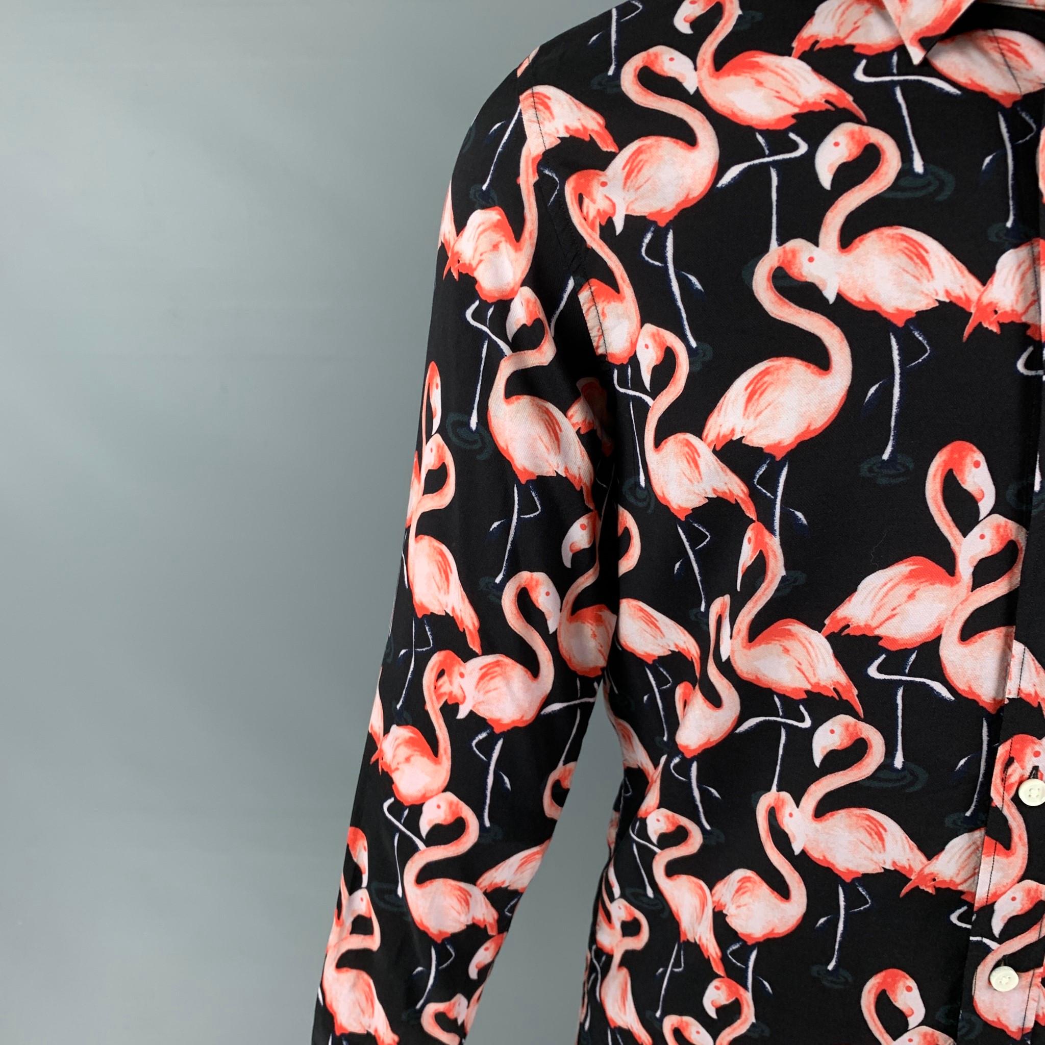 MARC JACOBS long sleeve shirt comes in a black & pink flamingo print viscose featuring a spread collar and a button up closure. 

Excellent Pre-Owned Condition.
Marked: 48

Measurements:

Shoulder: 17.5 in.
Chest: 38 in.
Sleeve: 25.5 in.
Length: 31
