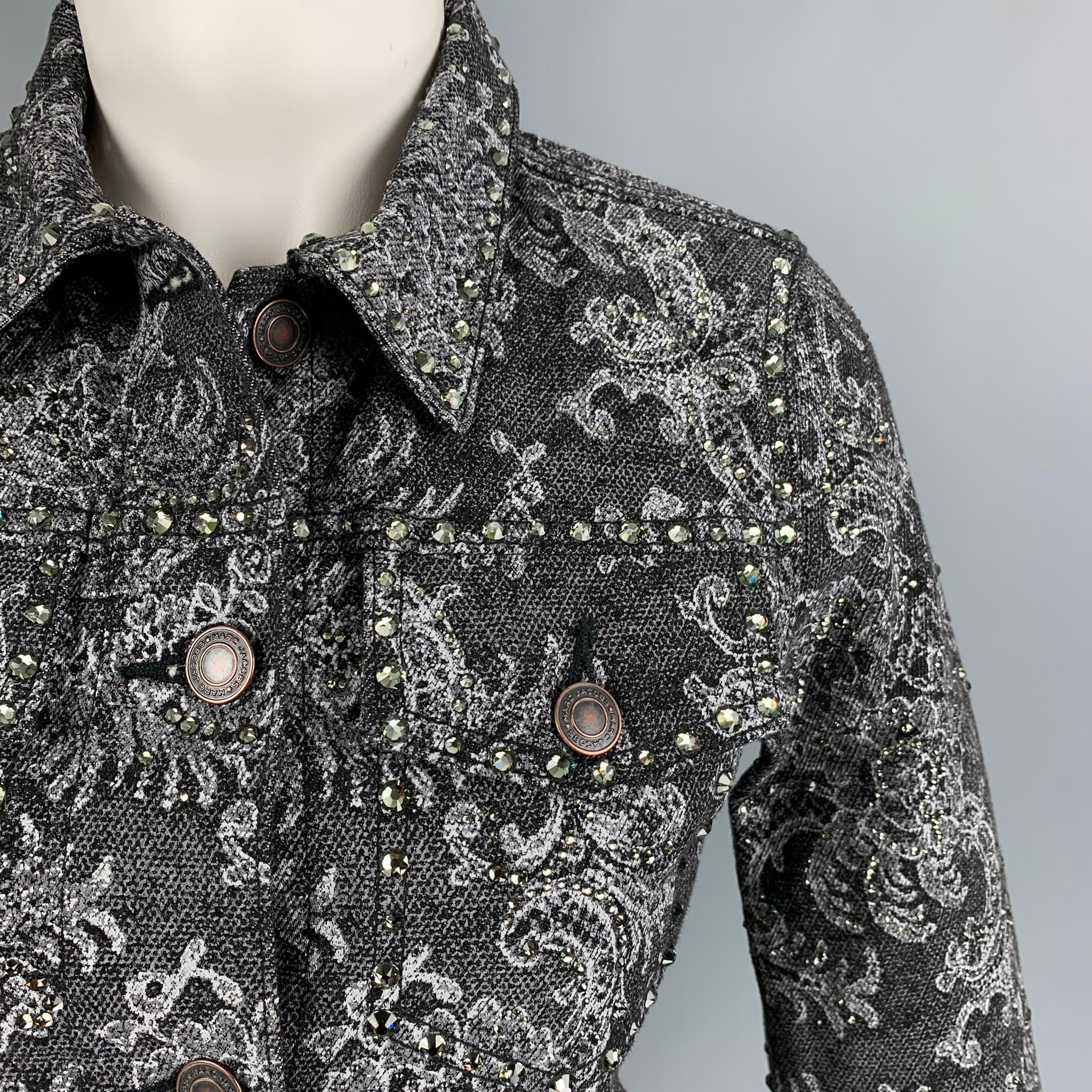 MARC JACOBS jacket comes in a black & white denim featuring a cropped style, front pockets, crystal embellishments, spread collar, and a buttoned closure. 

New With Tags. 
Marked: S
Original Retail Price: $1,800.00

Measurements:

Shoulder: 14.5