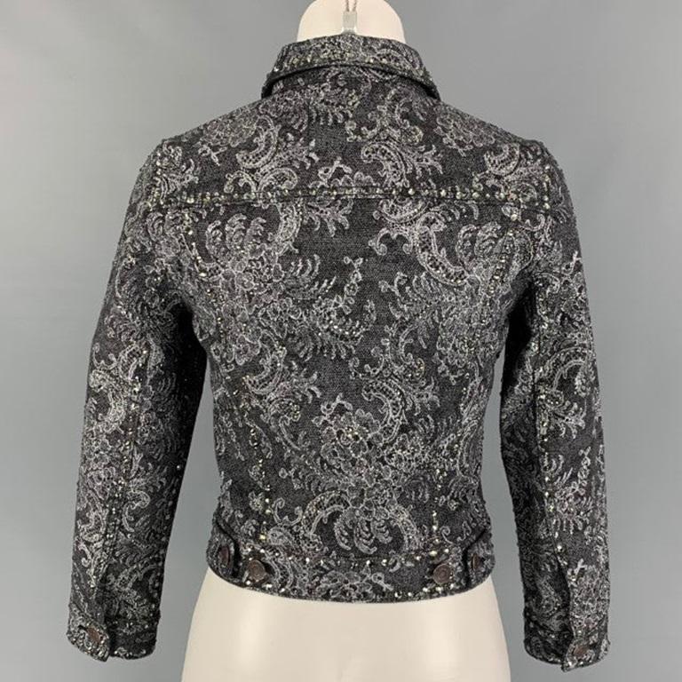 MARC JACOBS Size S Black White Denim Lace Crystal Embellishments Cropped Jacket In Good Condition For Sale In San Francisco, CA