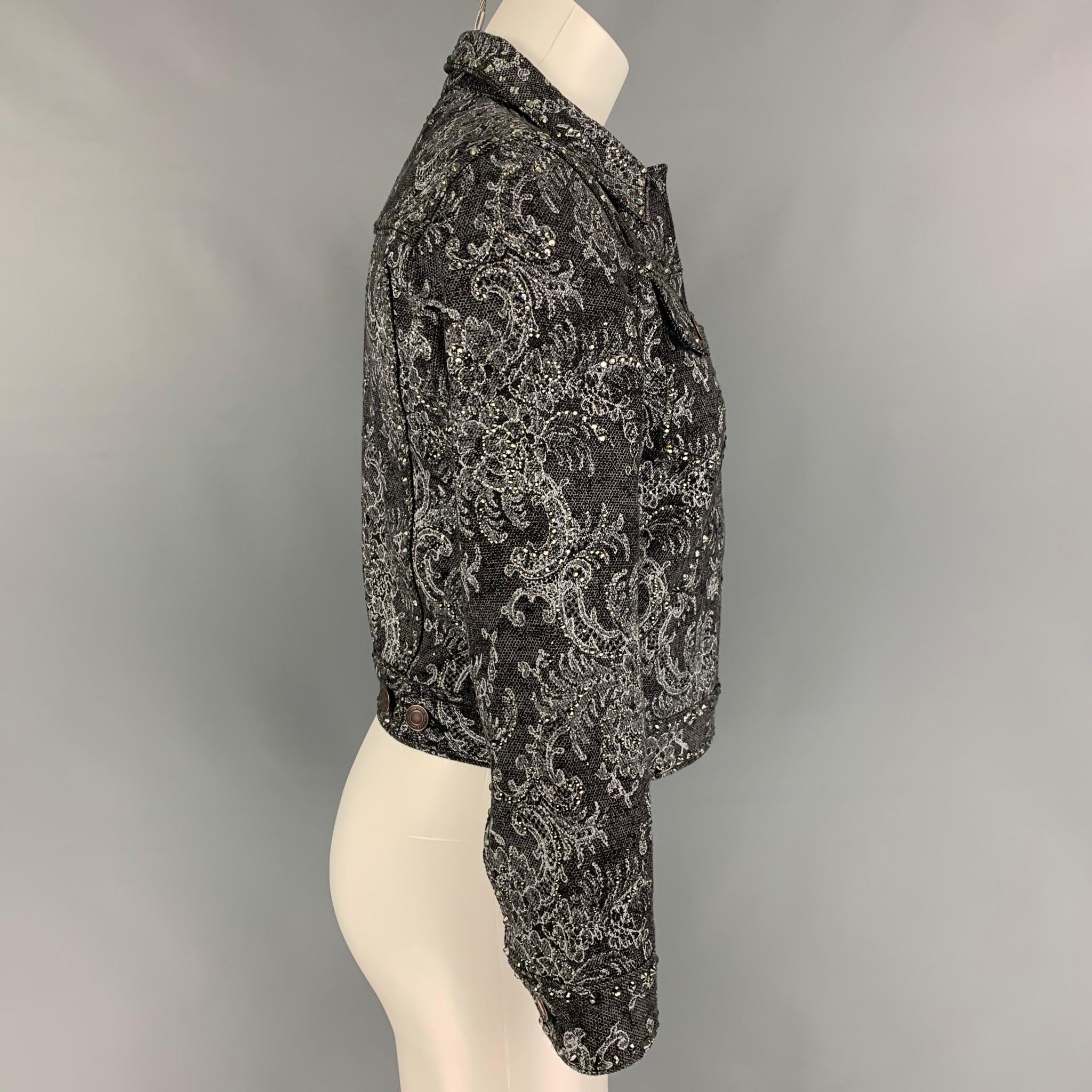MARC JACOBS Size S Black White Denim Lace Crystal Embellishments Cropped Jacket In New Condition In San Francisco, CA
