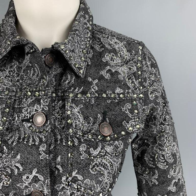 Women's MARC JACOBS Size S Black White Denim Lace Crystal Embellishments Cropped Jacket For Sale