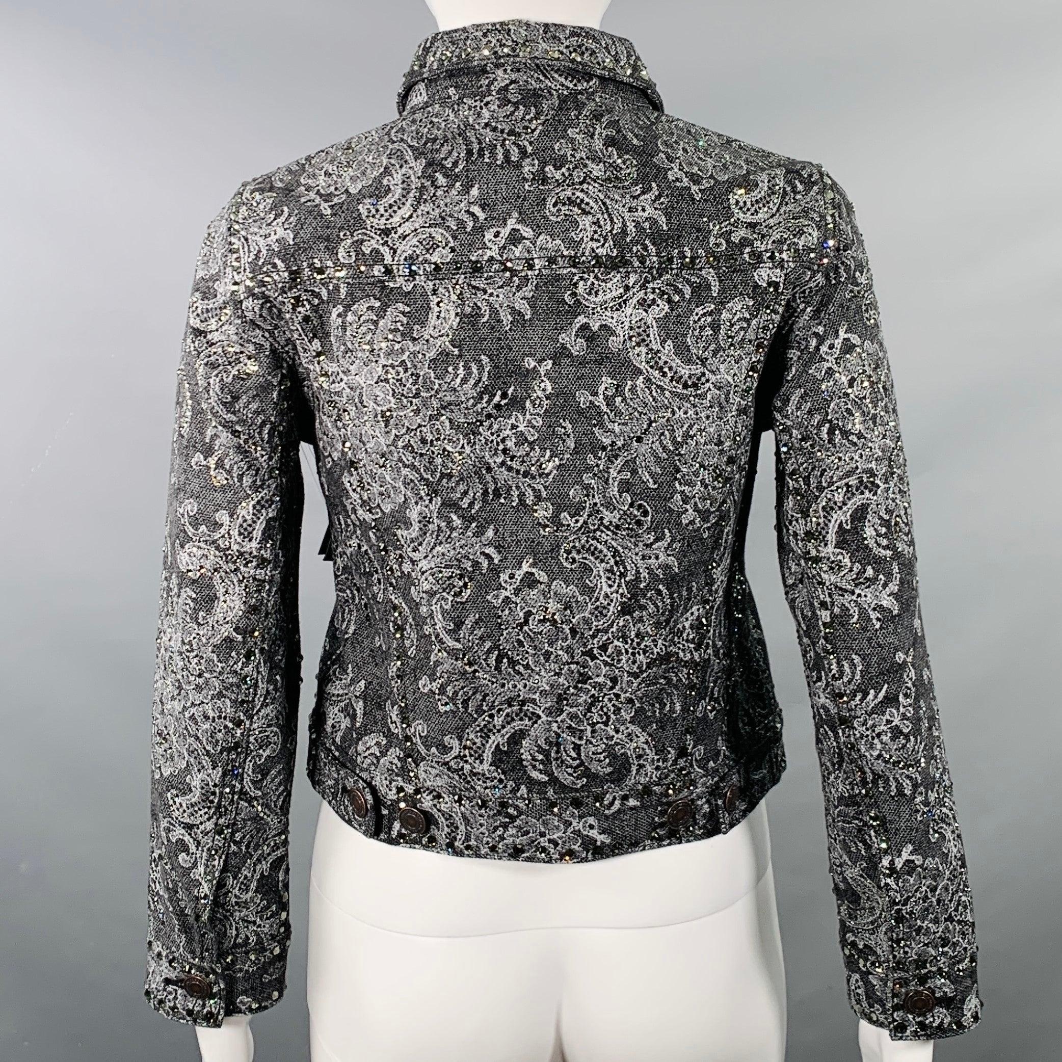 MARC JACOBS Size S Black White Denim Rhinestones Cropped Jacket In Excellent Condition In San Francisco, CA