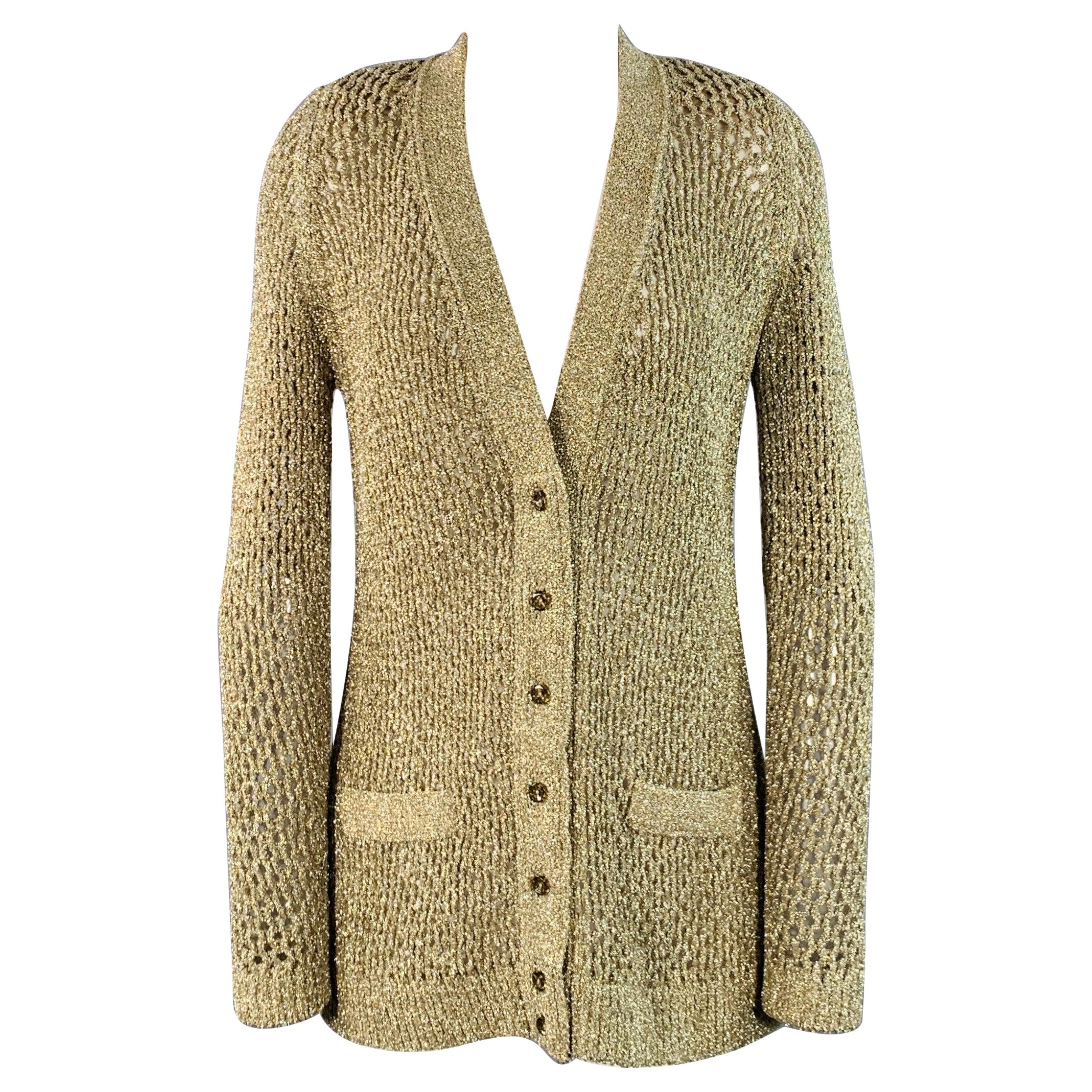 MARC JACOBS Size S Gold Nylon Metallic Knit Buttoned Cardigan in vendita