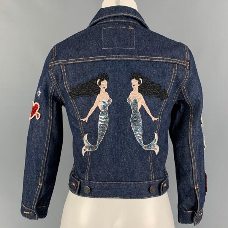 MARC JACOBS Size S Indigo Denim Contrast Stitch Pin Charms Sequin Mermaid Jacket In Good Condition For Sale In San Francisco, CA