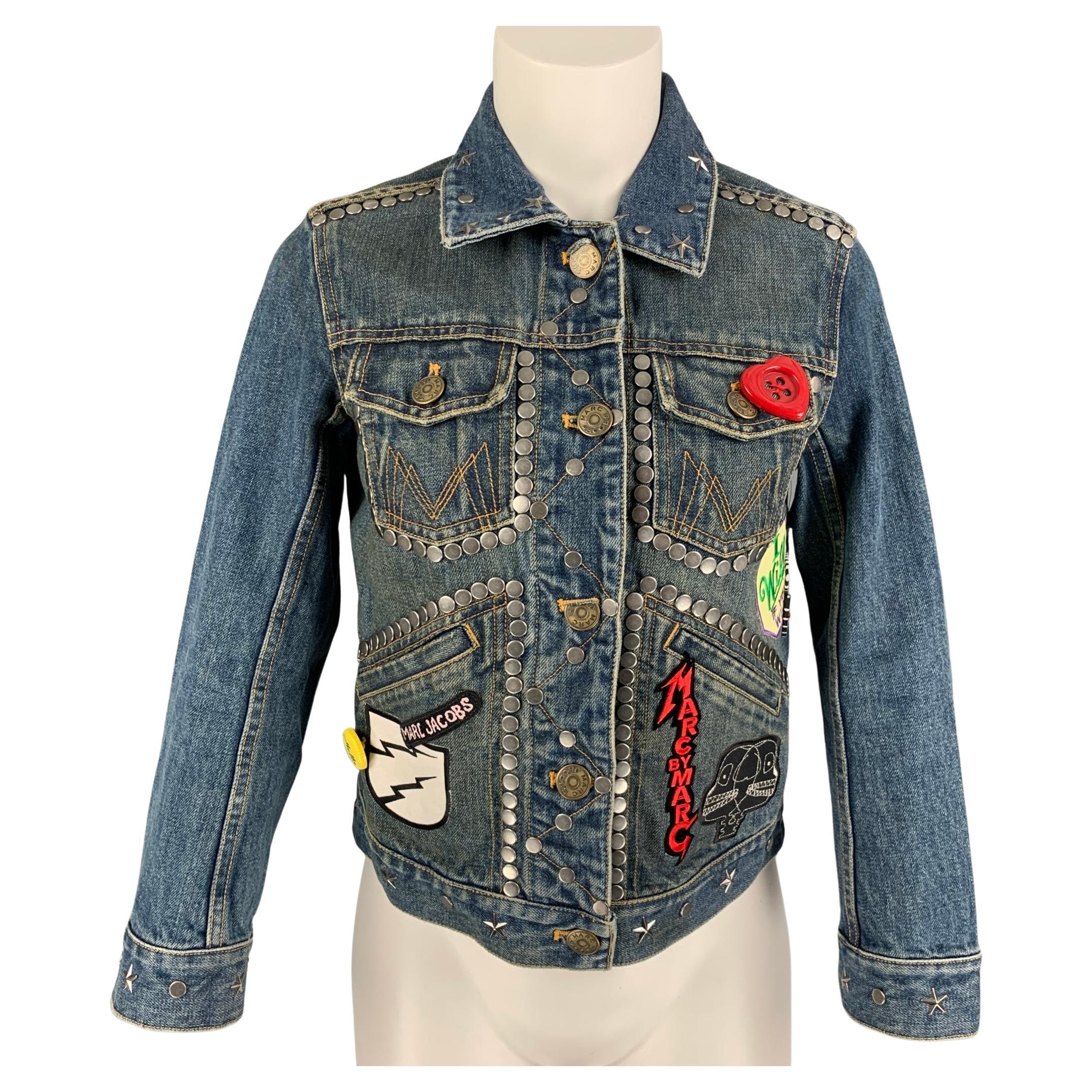 MARC JACOBS Size XS Indigo Denim Studded Smashing Starlets Cropped Jacket  For Sale at 1stDibs