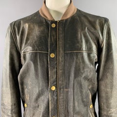 MARC JACOBS Size XXL Black Tan Distressed Leather Bomber Coat