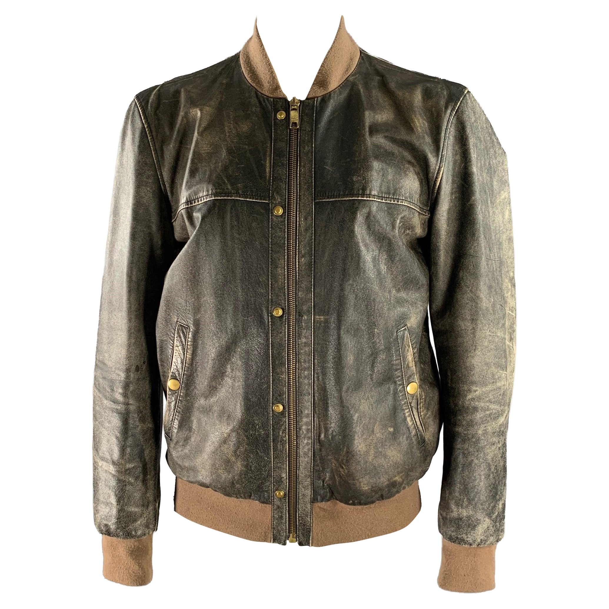 MARC JACOBS Size XXL Black Tan Distressed Leather Bomber Coat For Sale