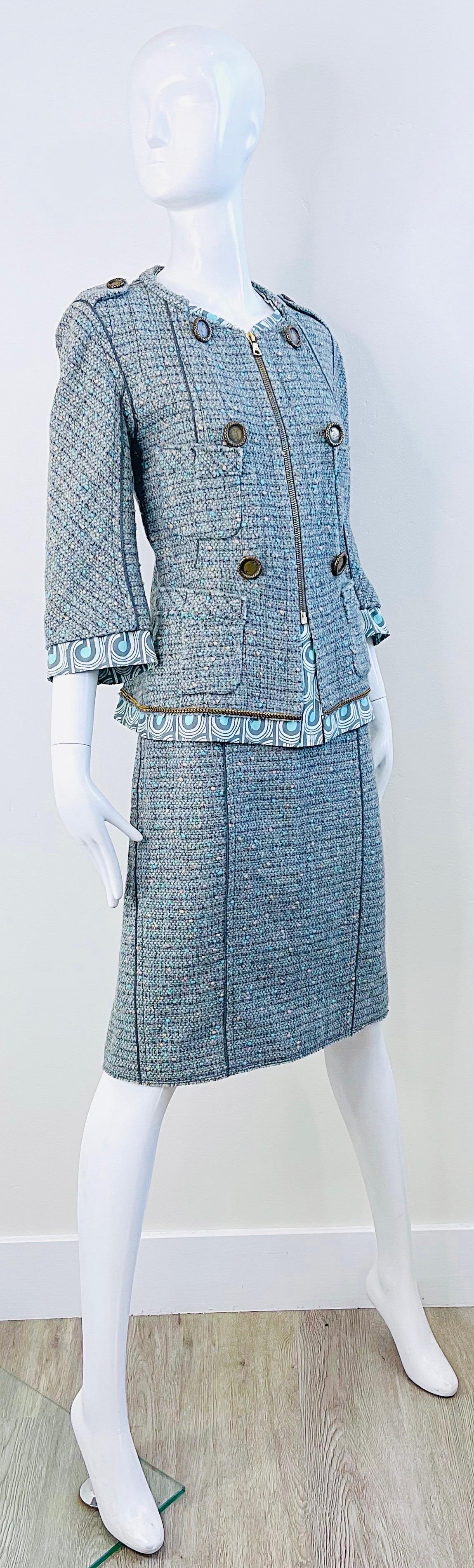 Marc Jacobs Spring 2005 Size 8 Blue Green Fantasy Tweed Wool Skirt Suit For Sale 3