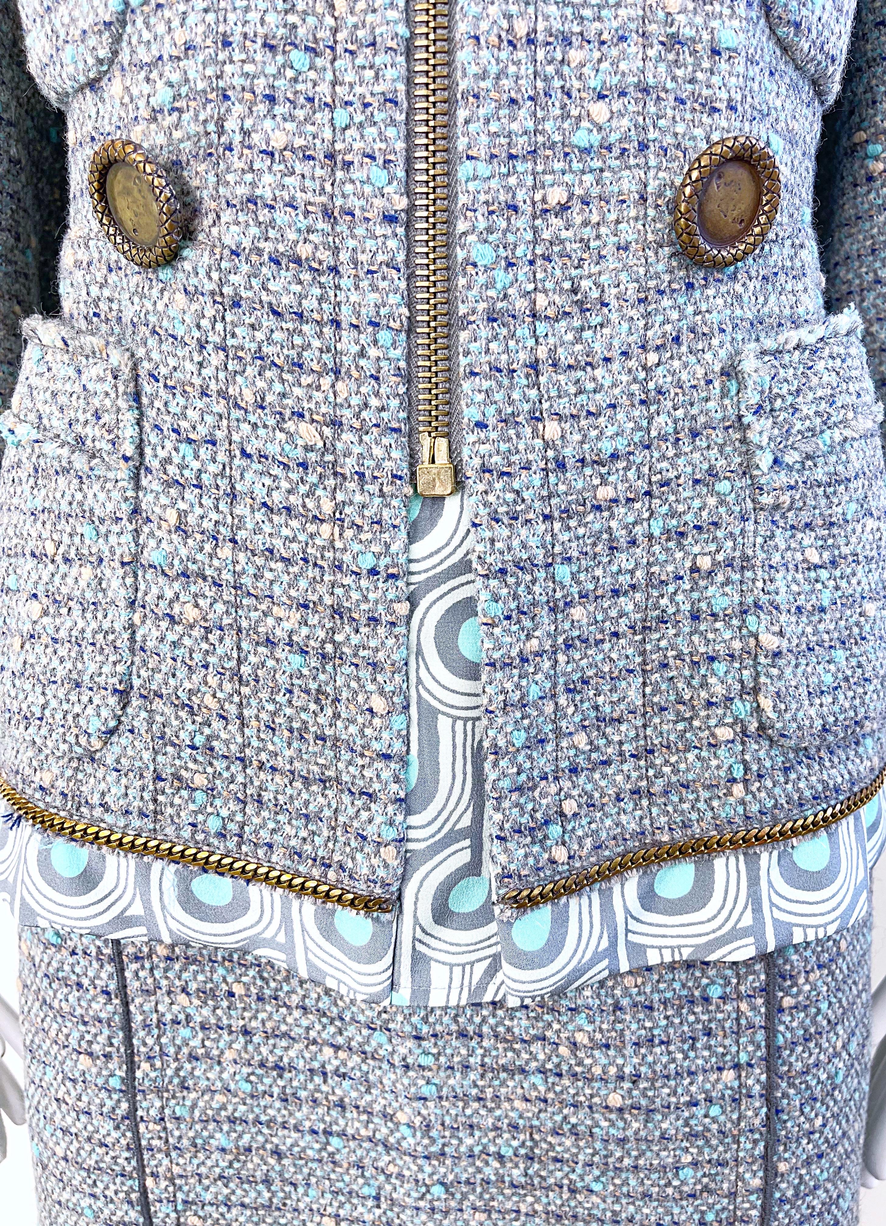 Marc Jacobs Frühling 2005 Größe 8 Blau Grün Fantasie Tweed Wolle Rock Anzug im Angebot 6