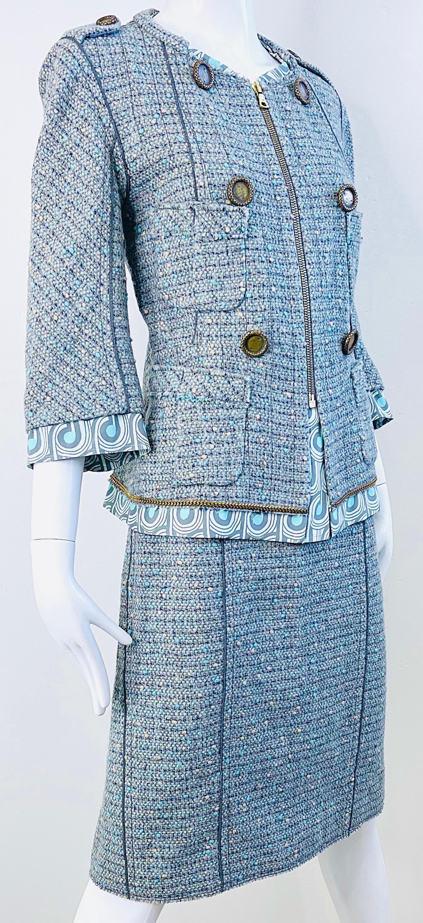 Marc Jacobs Spring 2005 Size 8 Blue Green Fantasy Tweed Wool Skirt Suit For Sale 5