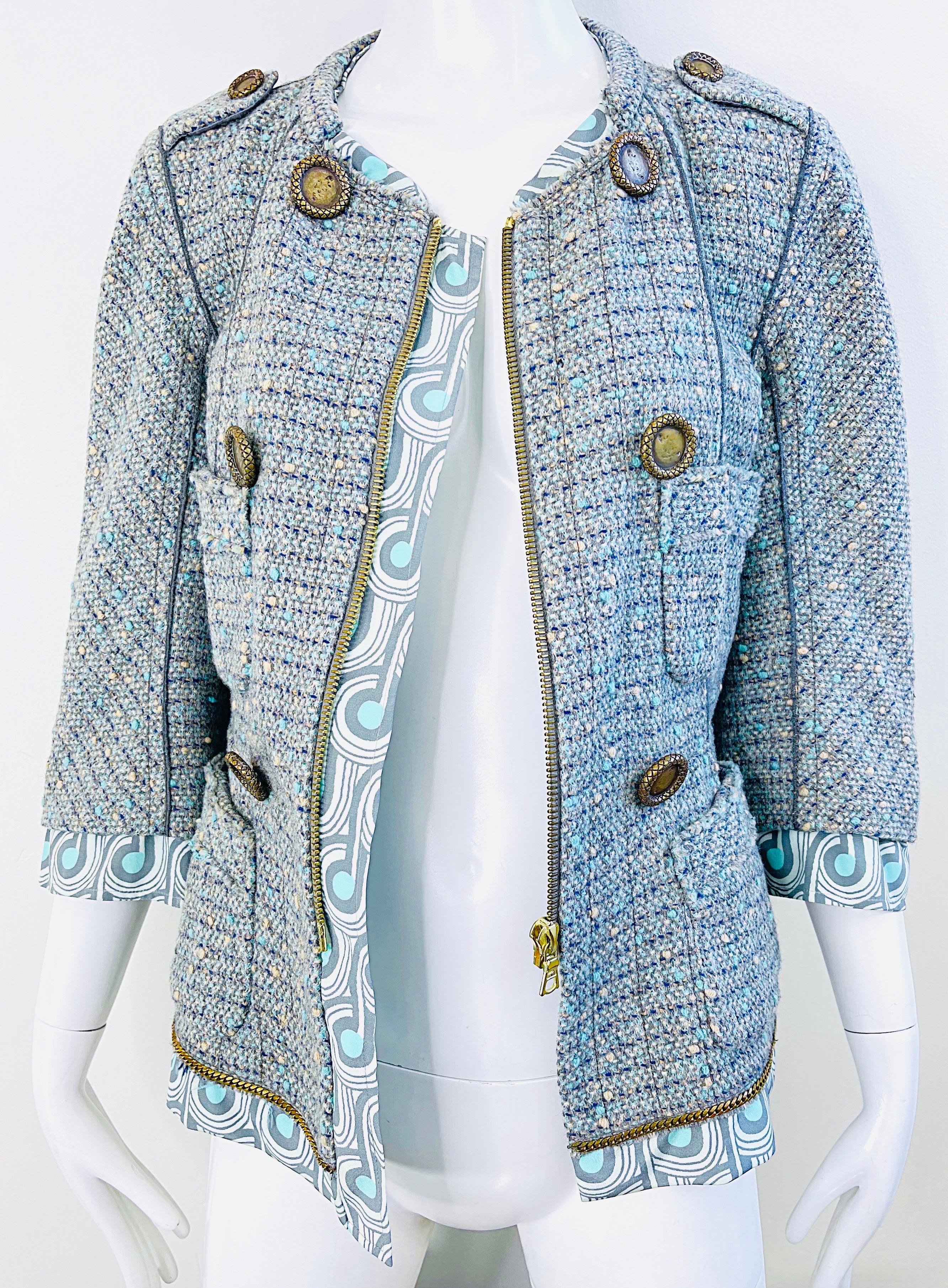Marc Jacobs Spring 2005 Size 8 Blue Green Fantasy Tweed Wool Skirt Suit For Sale 6