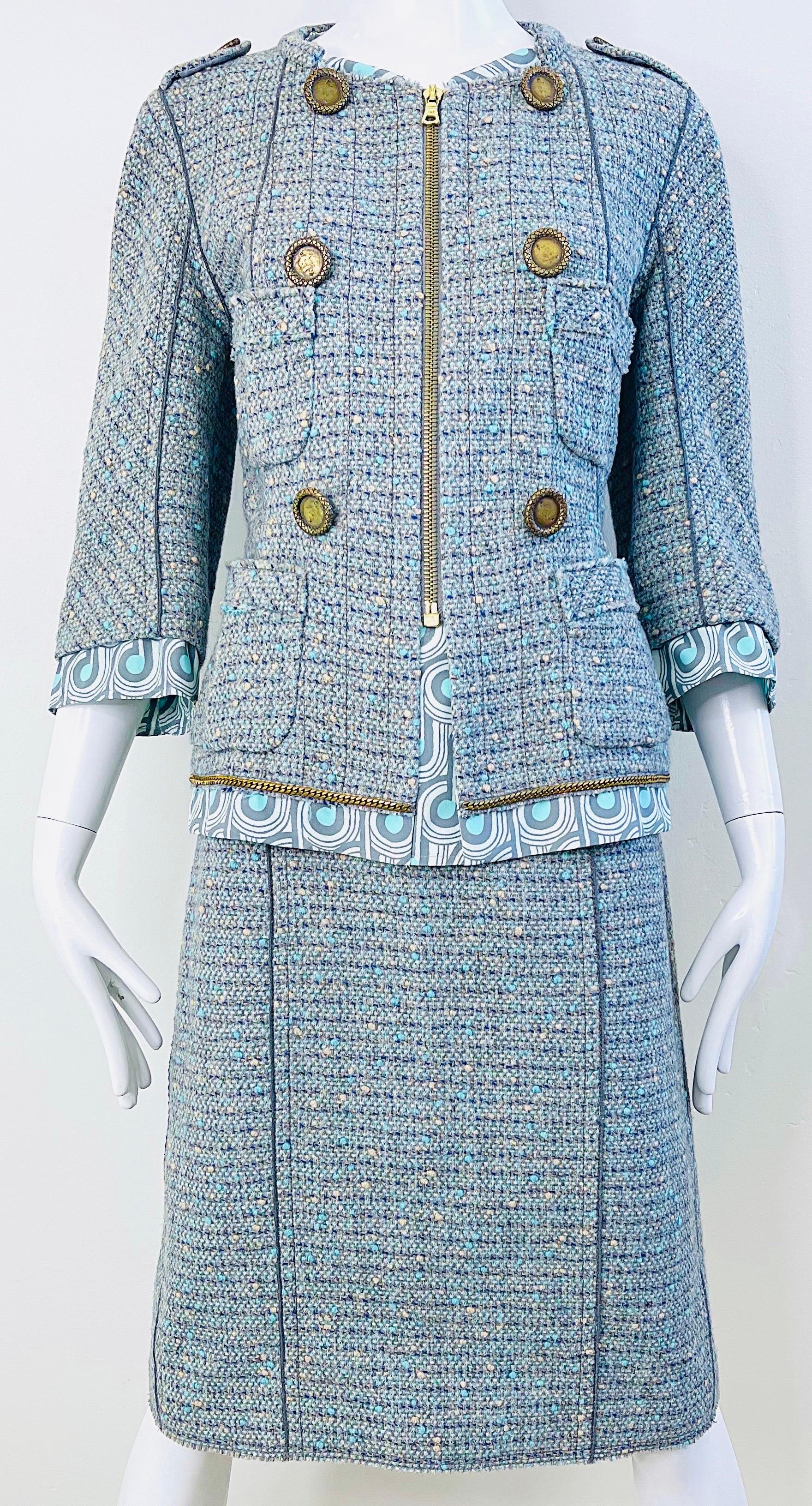 Marc Jacobs Spring 2005 Size 8 Blue Green Fantasy Tweed Wool Skirt Suit For Sale 7