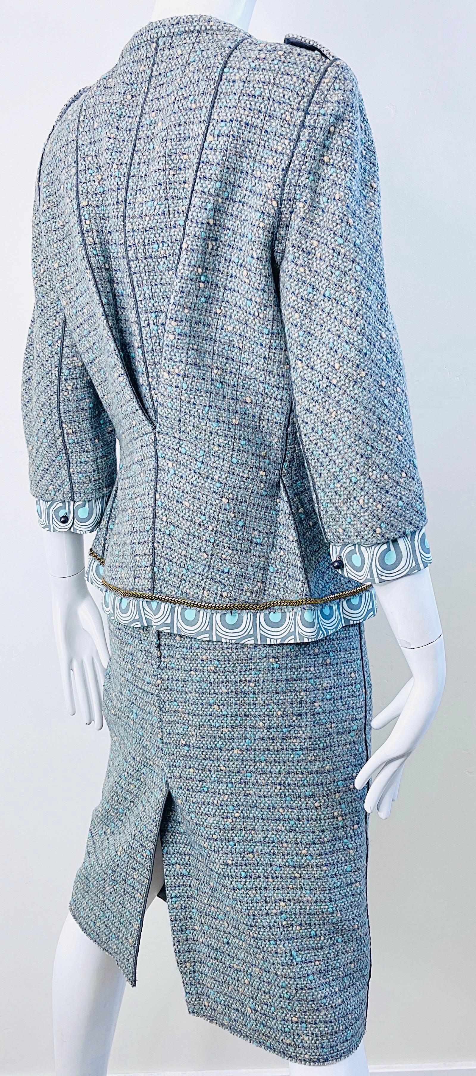 Marc Jacobs Frühling 2005 Größe 8 Blau Grün Fantasie Tweed Wolle Rock Anzug im Angebot 10