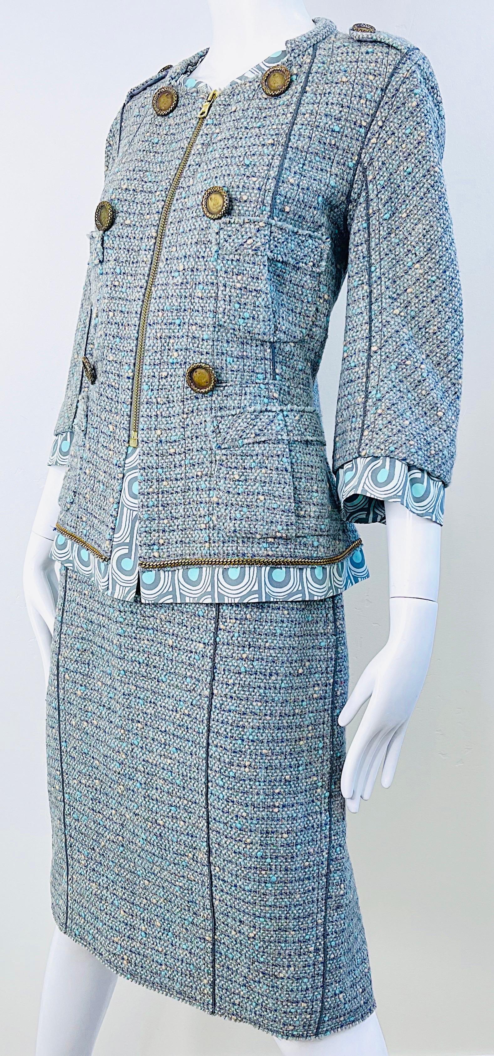Marc Jacobs Spring 2005 Size 8 Blue Green Fantasy Tweed Wool Skirt Suit For Sale 9