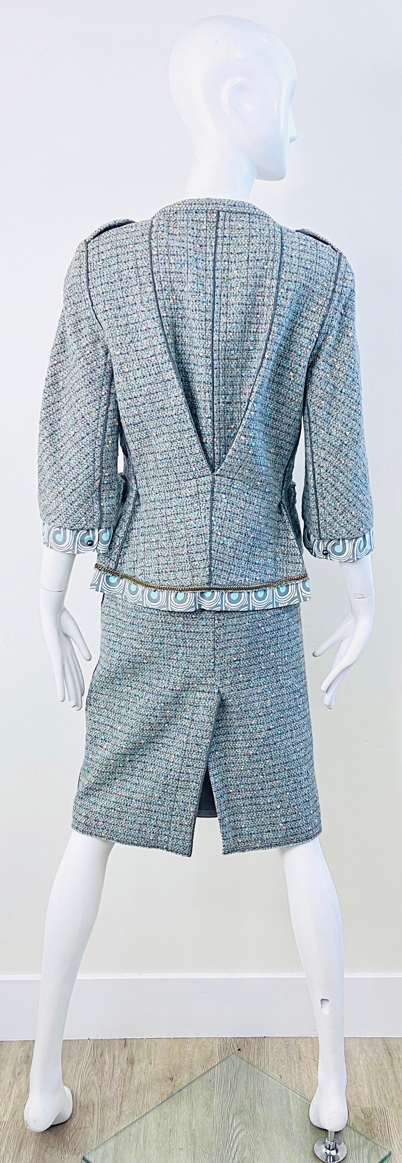 Marc Jacobs Frühling 2005 Größe 8 Blau Grün Fantasie Tweed Wolle Rock Anzug im Angebot 12