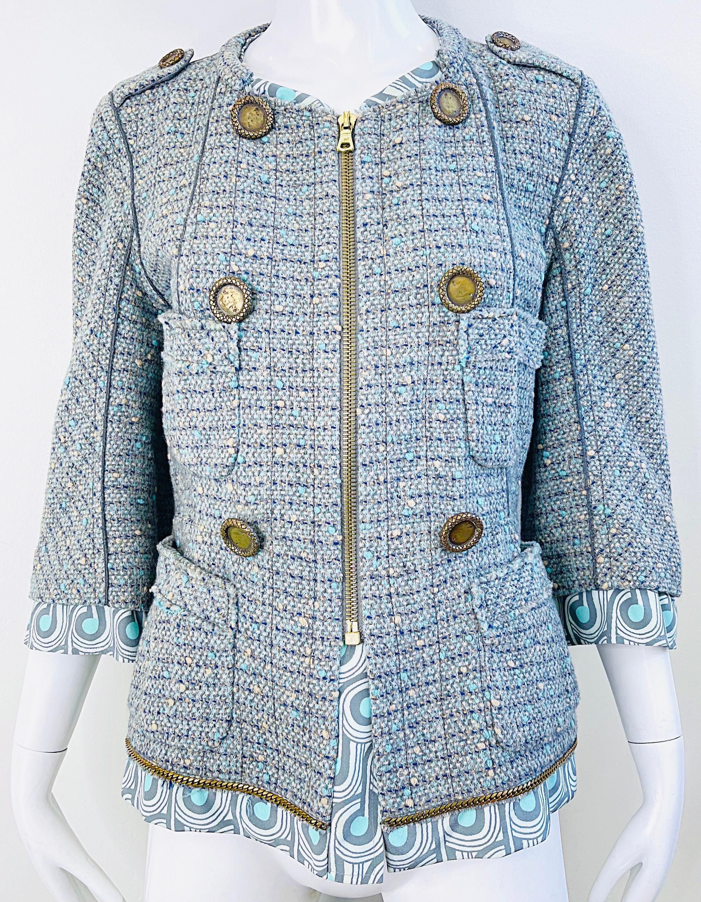 Marc Jacobs Spring 2005 Size 8 Blue Green Fantasy Tweed Wool Skirt Suit For Sale 11