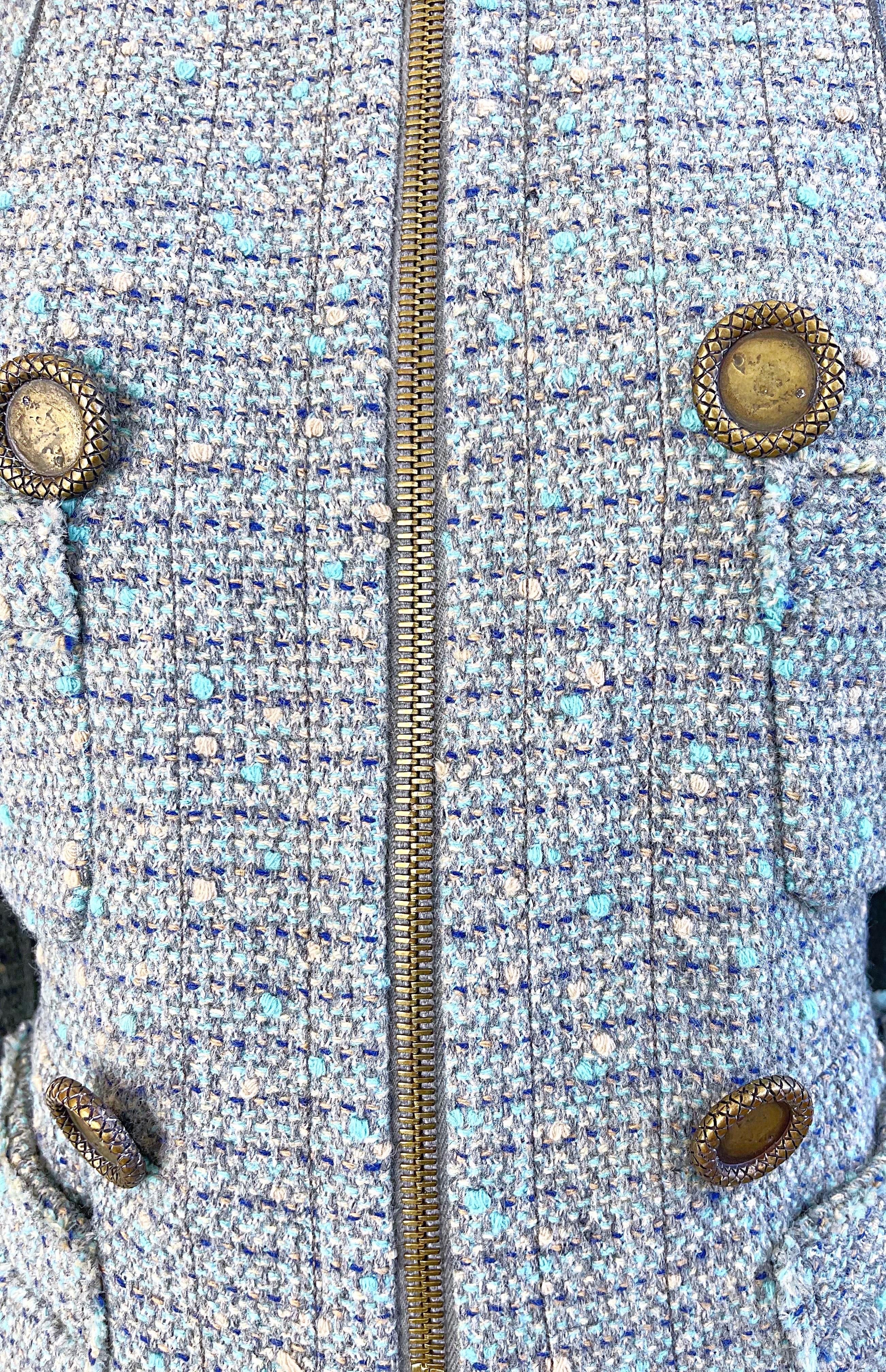 Marc Jacobs Frühling 2005 Größe 8 Blau Grün Fantasie Tweed Wolle Rock Anzug im Angebot 14