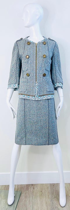 Marc Jacobs Spring 2005 Size 8 Blue Green Fantasy Tweed Wool Skirt Suit