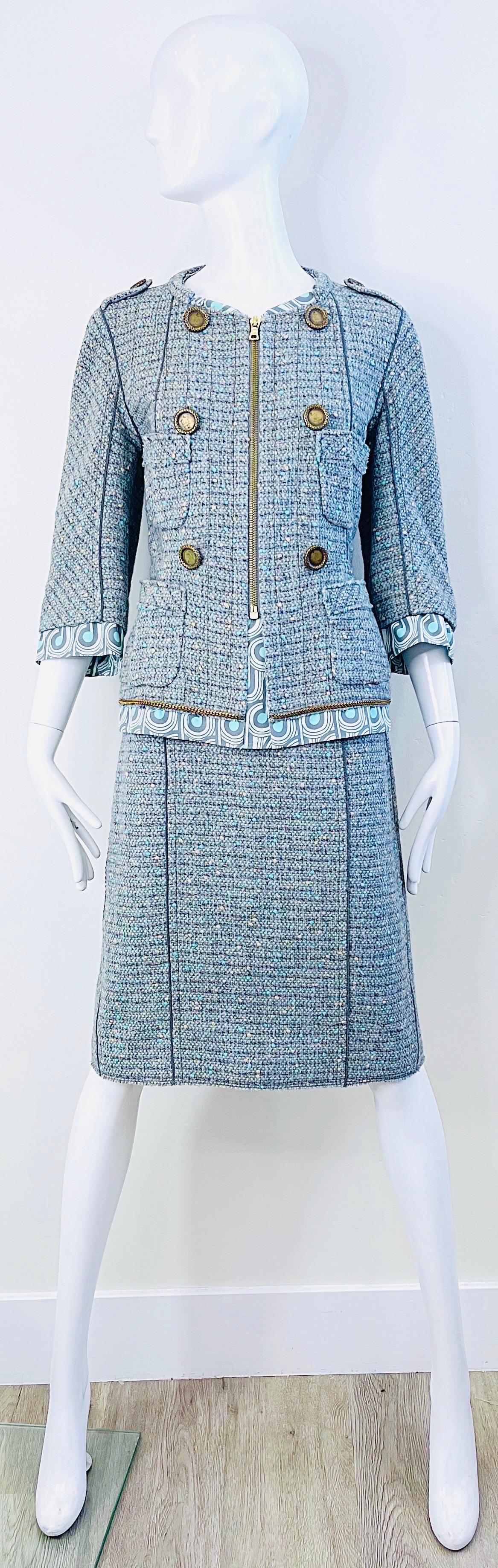 Marc Jacobs Spring 2005 Size 8 Blue Green Fantasy Tweed Wool Skirt Suit For Sale 13