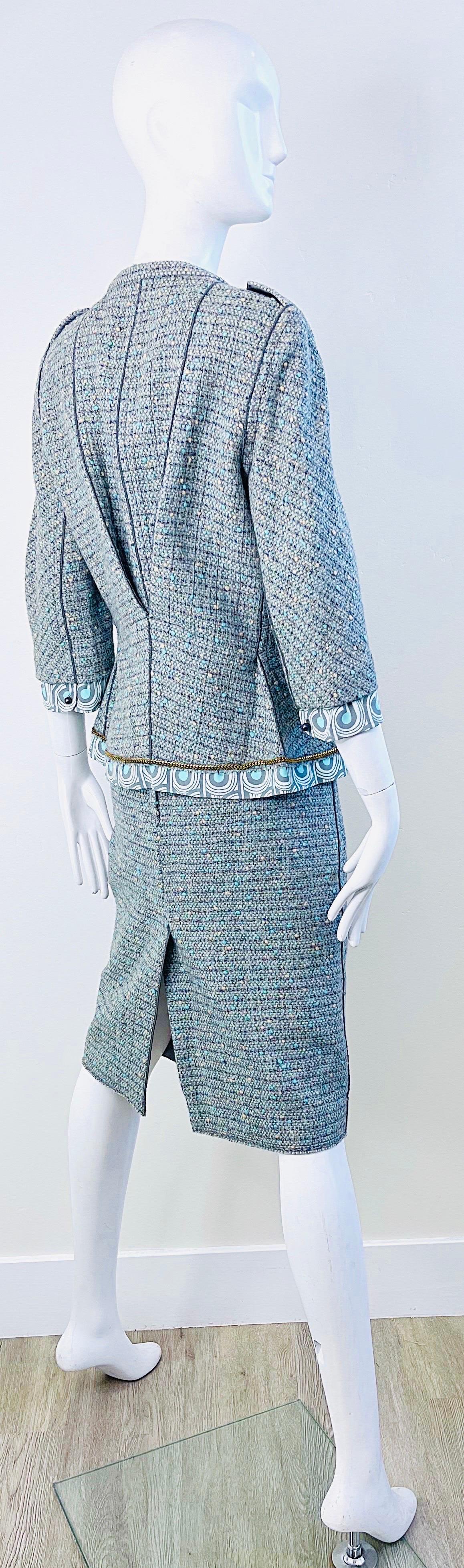 Gray Marc Jacobs Spring 2005 Size 8 Blue Green Fantasy Tweed Wool Skirt Suit For Sale