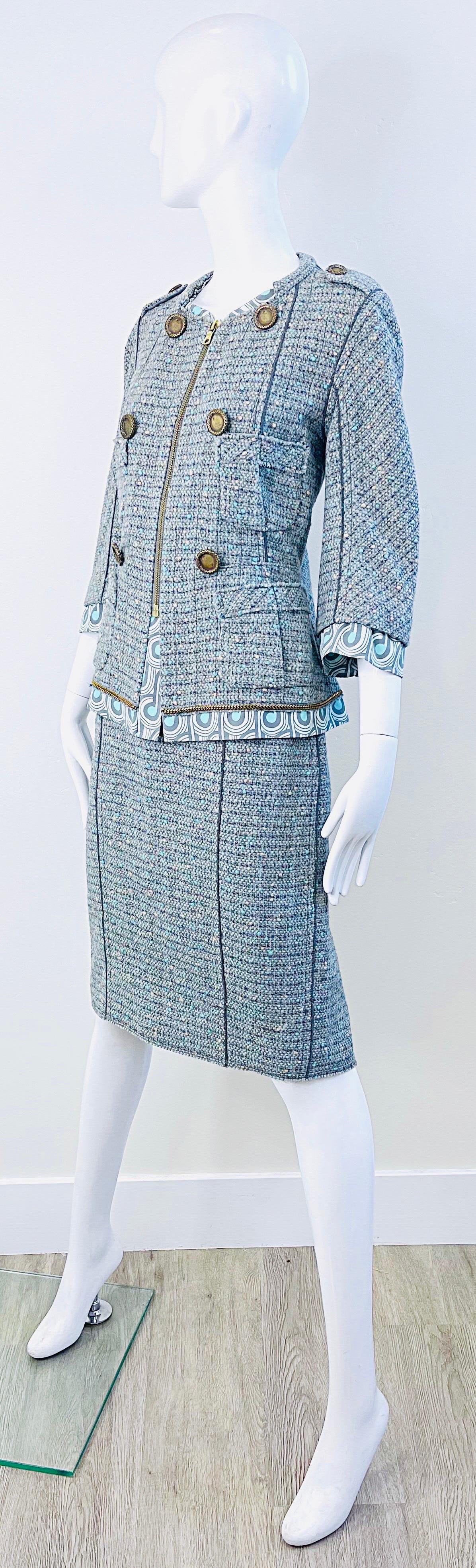 Marc Jacobs Spring 2005 Size 8 Blue Green Fantasy Tweed Wool Skirt Suit In Excellent Condition For Sale In San Diego, CA
