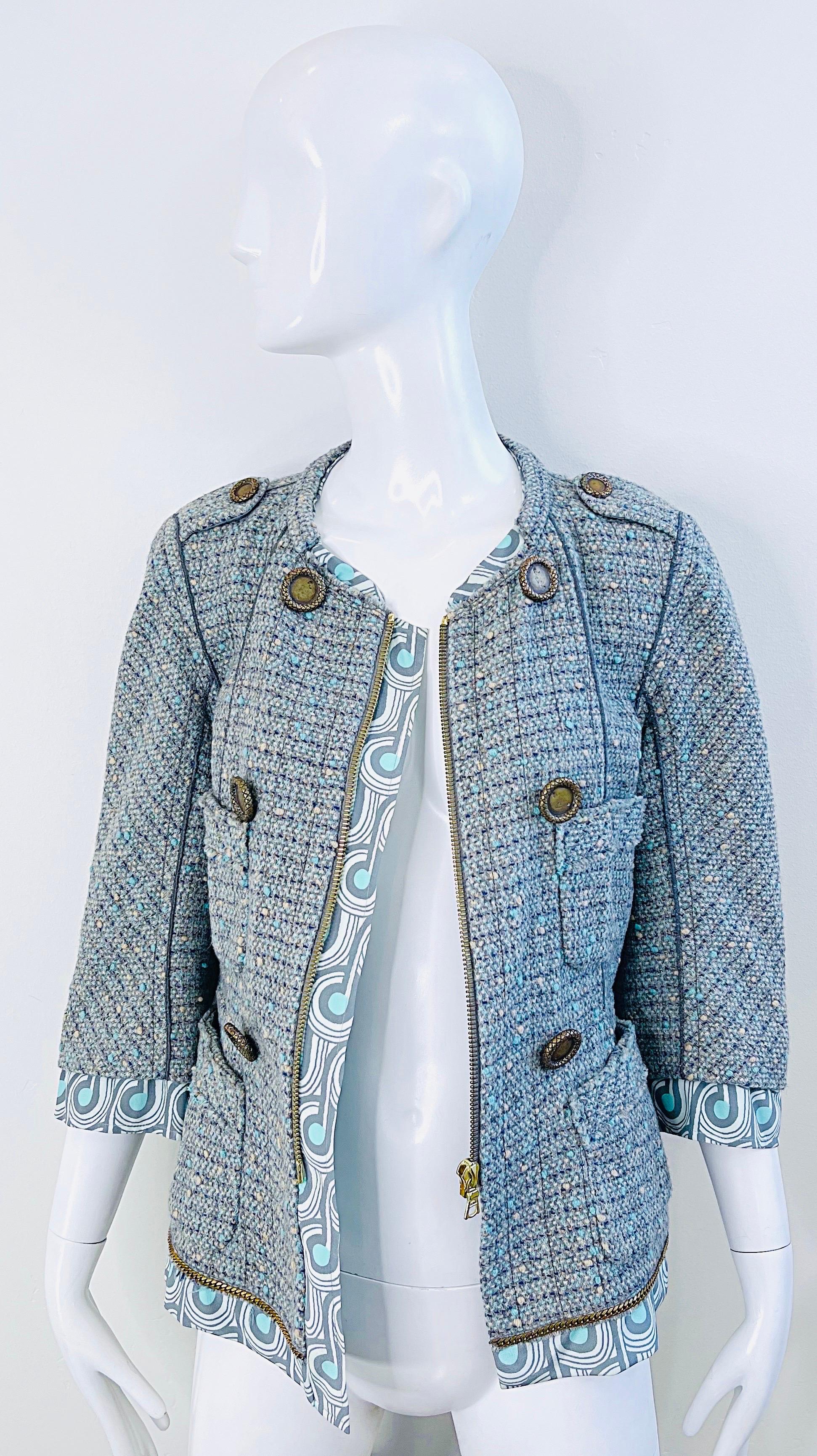 Women's Marc Jacobs Spring 2005 Size 8 Blue Green Fantasy Tweed Wool Skirt Suit For Sale