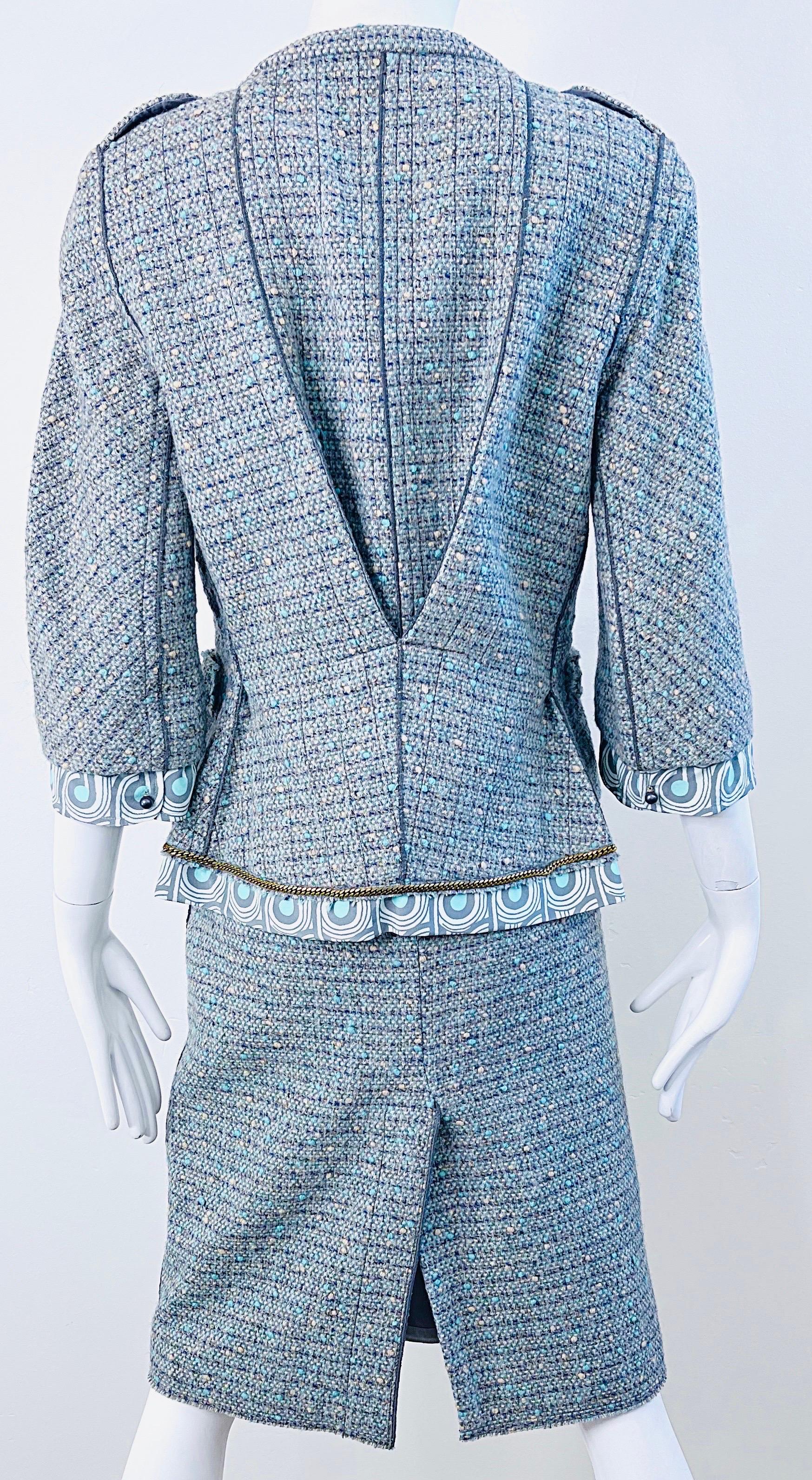 Marc Jacobs Spring 2005 Size 8 Blue Green Fantasy Tweed Wool Skirt Suit For Sale 1