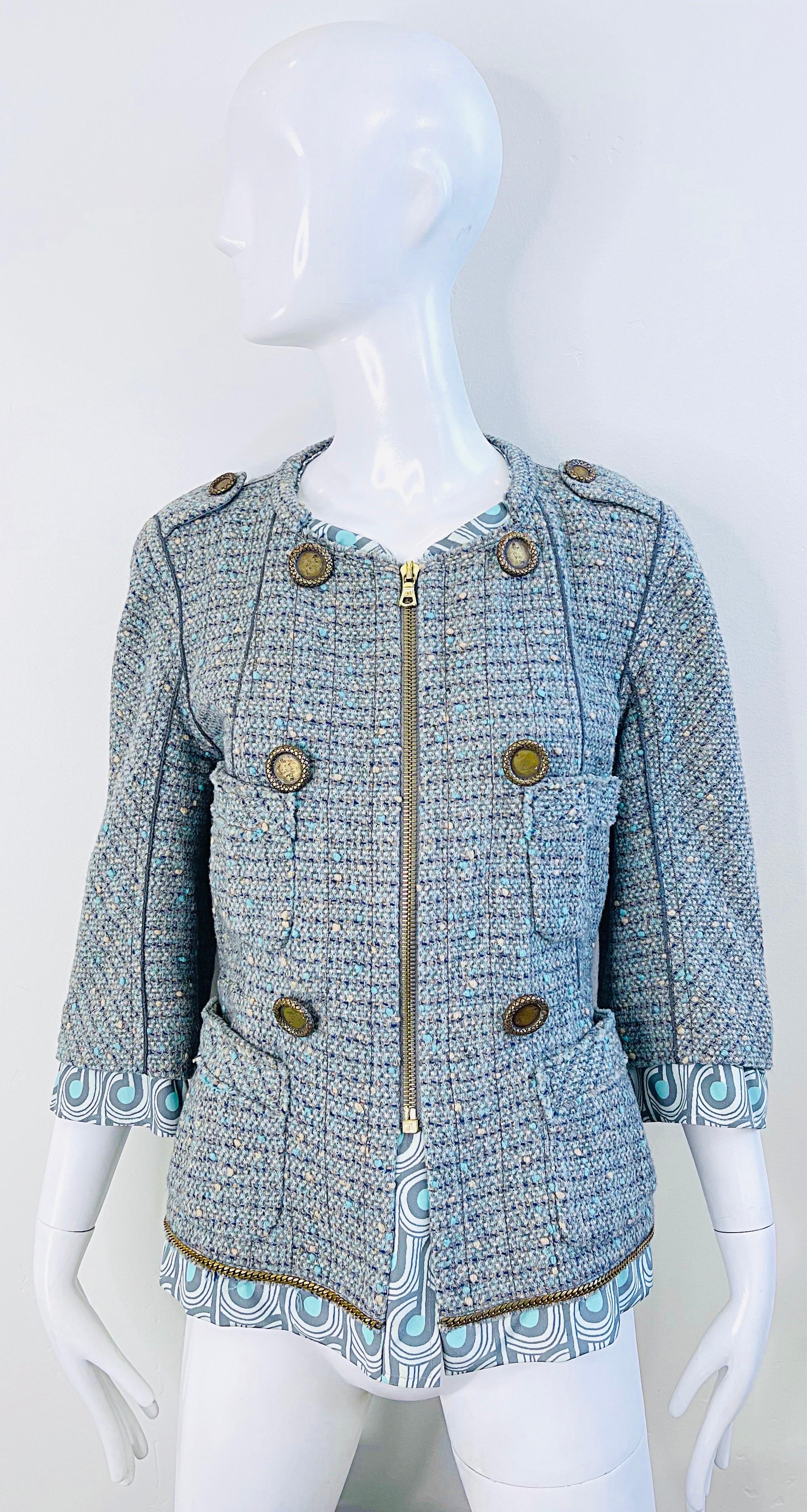 Marc Jacobs Spring 2005 Size 8 Blue Green Fantasy Tweed Wool Skirt Suit For Sale 2