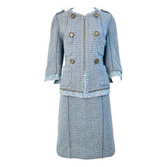 Marc Jacobs Frühling 2005 Größe 8 Blau Grün Fantasie Tweed Wolle Rock Anzug