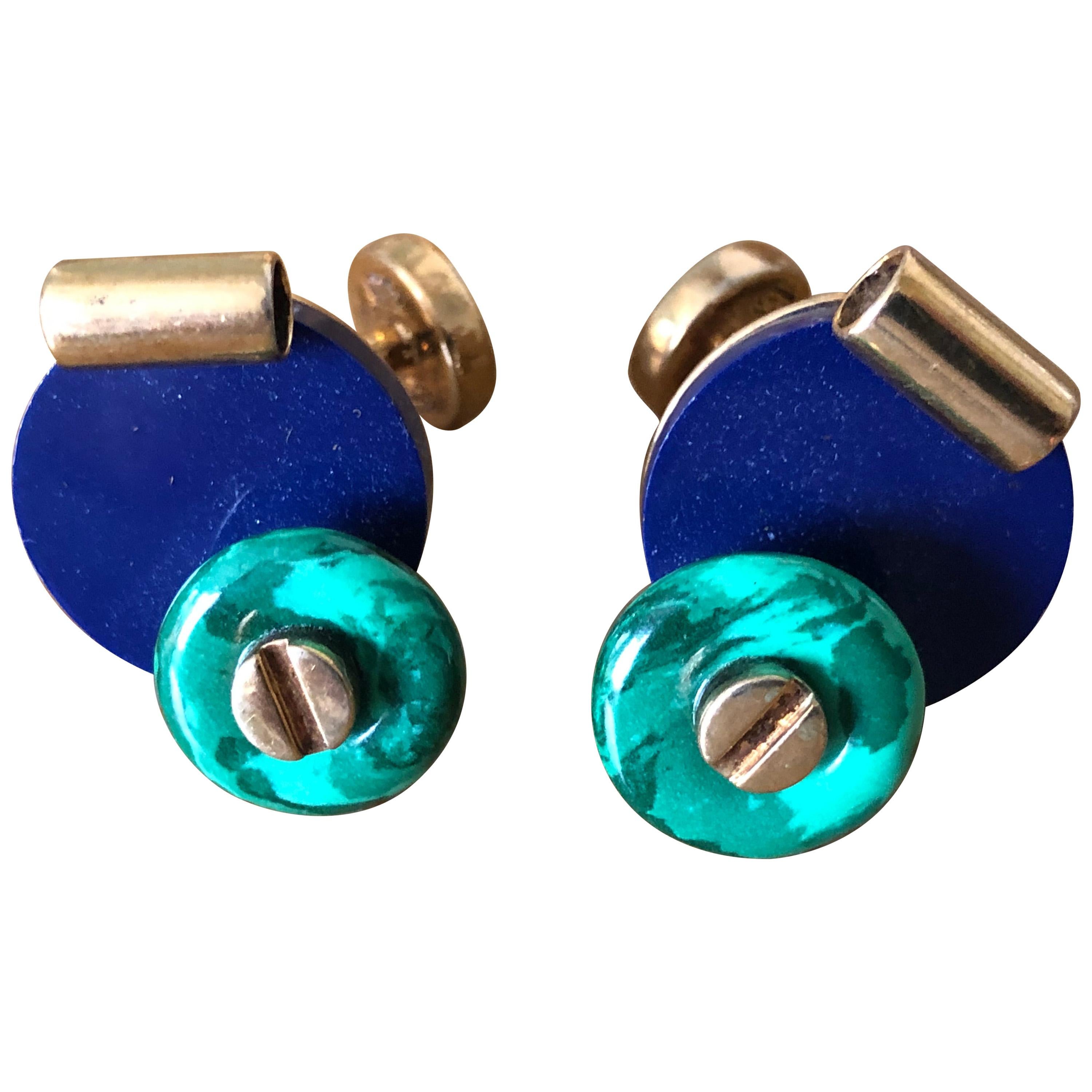 Marc Jacobs Vintage Brutalist Vermeil Malachite and Lapis Cufflinks For Sale