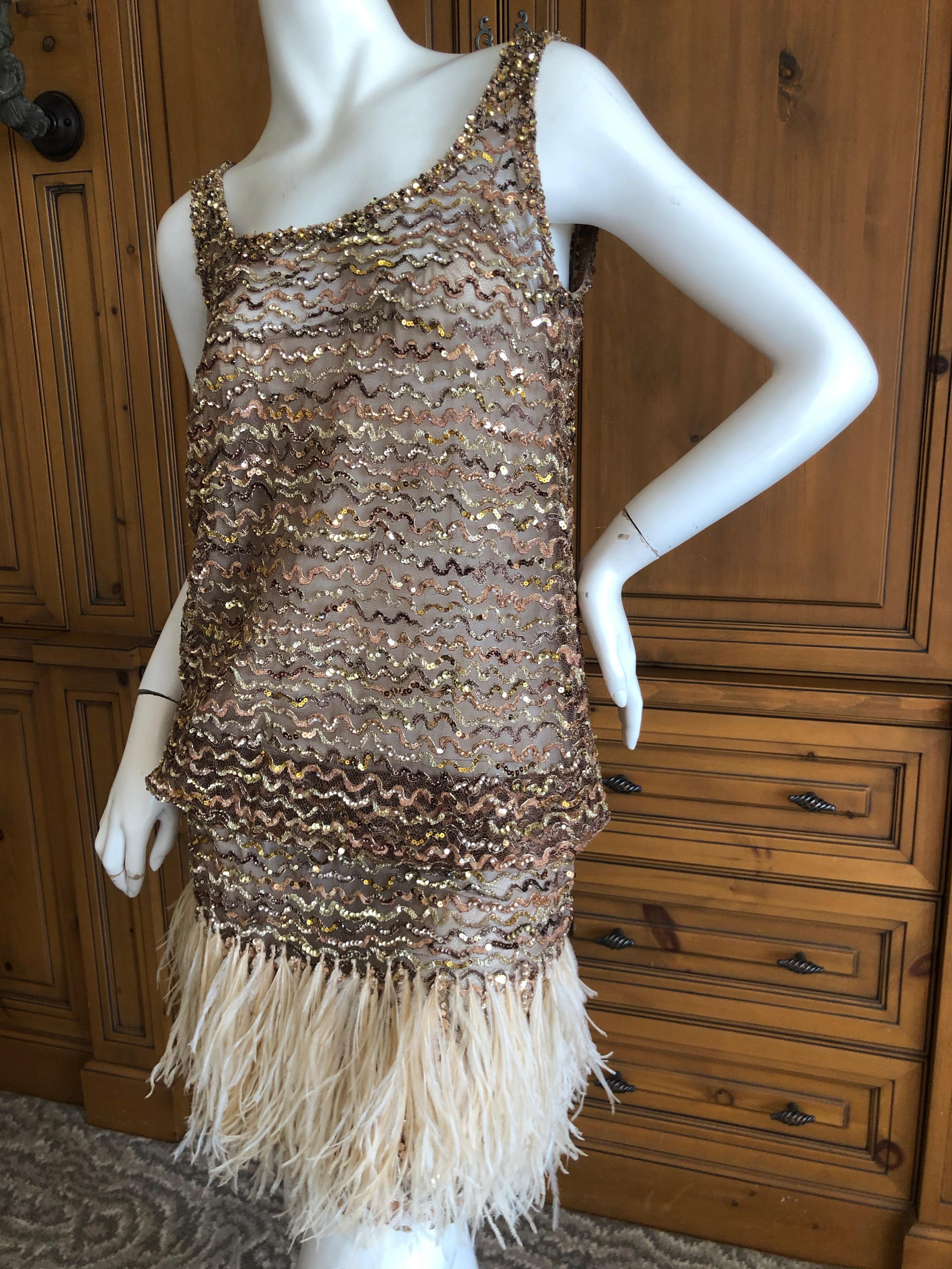 Brown Marc Jacobs Vintage Sheer Embellished Flapper Style Evening Dress w Feather Trim