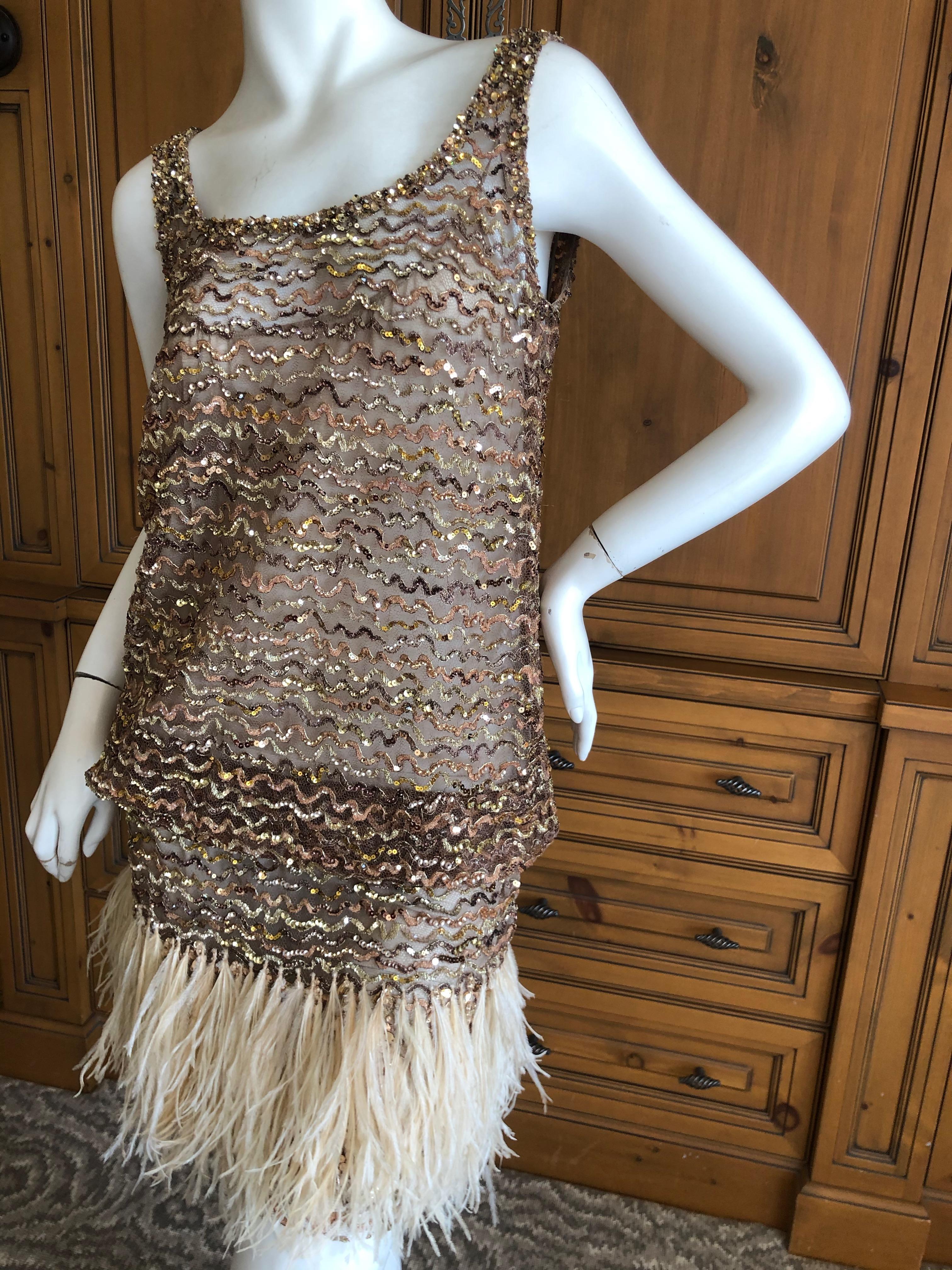 Marc Jacobs Vintage Sheer Embellished Flapper Style Evening Dress w Feather Trim In Excellent Condition For Sale In Cloverdale, CA