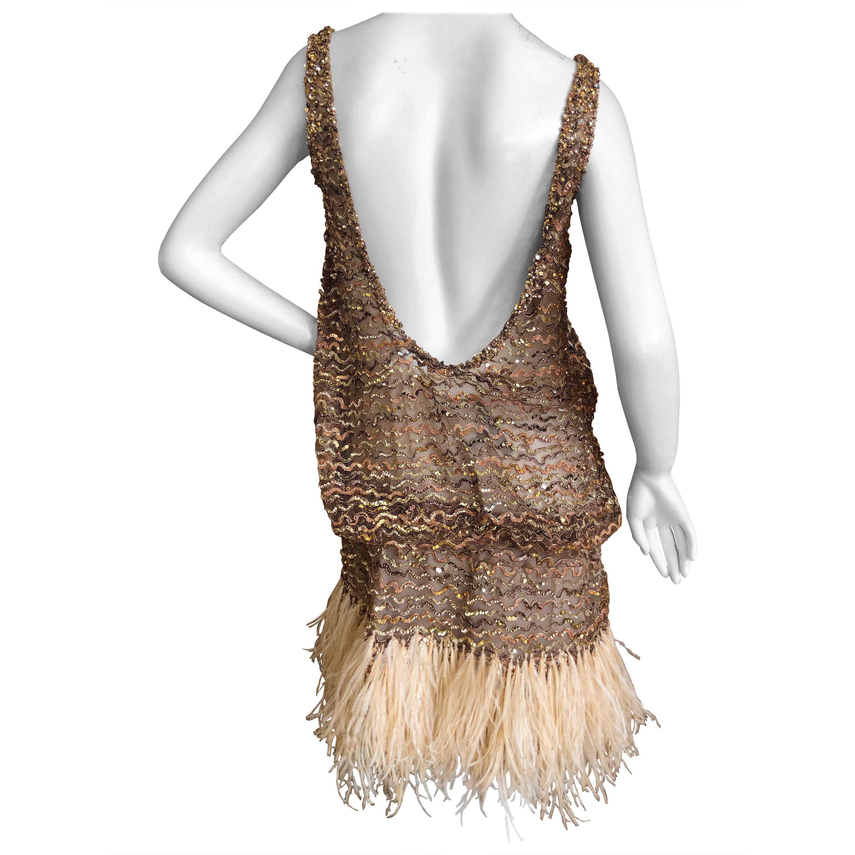 Marc Jacobs Vintage Sheer Embellished Flapper Style Evening Dress w Feather Trim For Sale