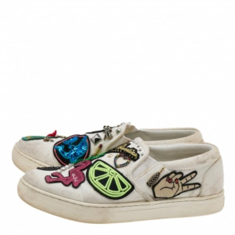 Marc Jacobs White Canvas Patches And Embellished Mercer Slip On Sneakers Size 38 For Sale 2