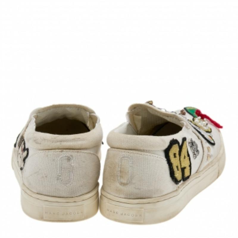 Marc Jacobs White Canvas Patches And Embellished Mercer Slip On Sneakers Size 38 For Sale 3