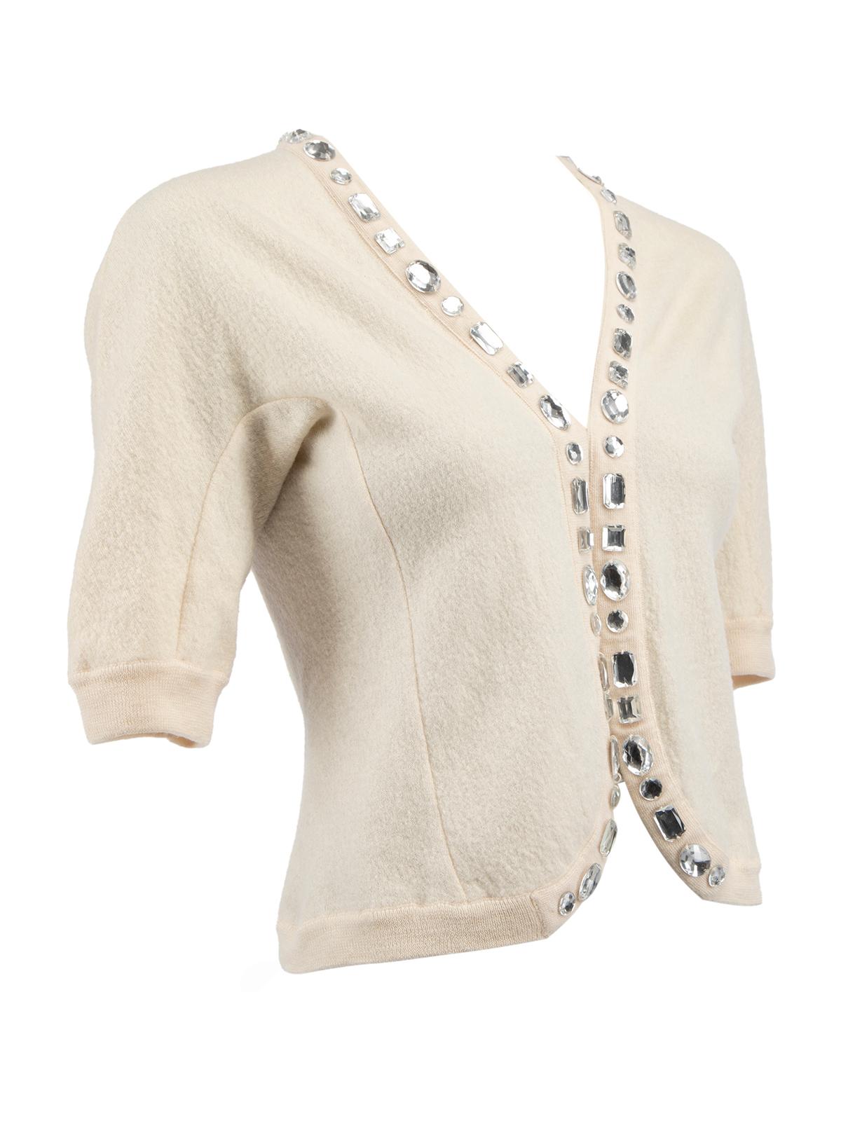 CONDITION is Very good. Hardly any visible wear to cardigan is evident on this used Marc Jacobs designer resale item.  Details  Beige Wool Faux diamond embellishments Short sleeves Open front Round collar Elasticated sleeves Back bow detail Relaxed