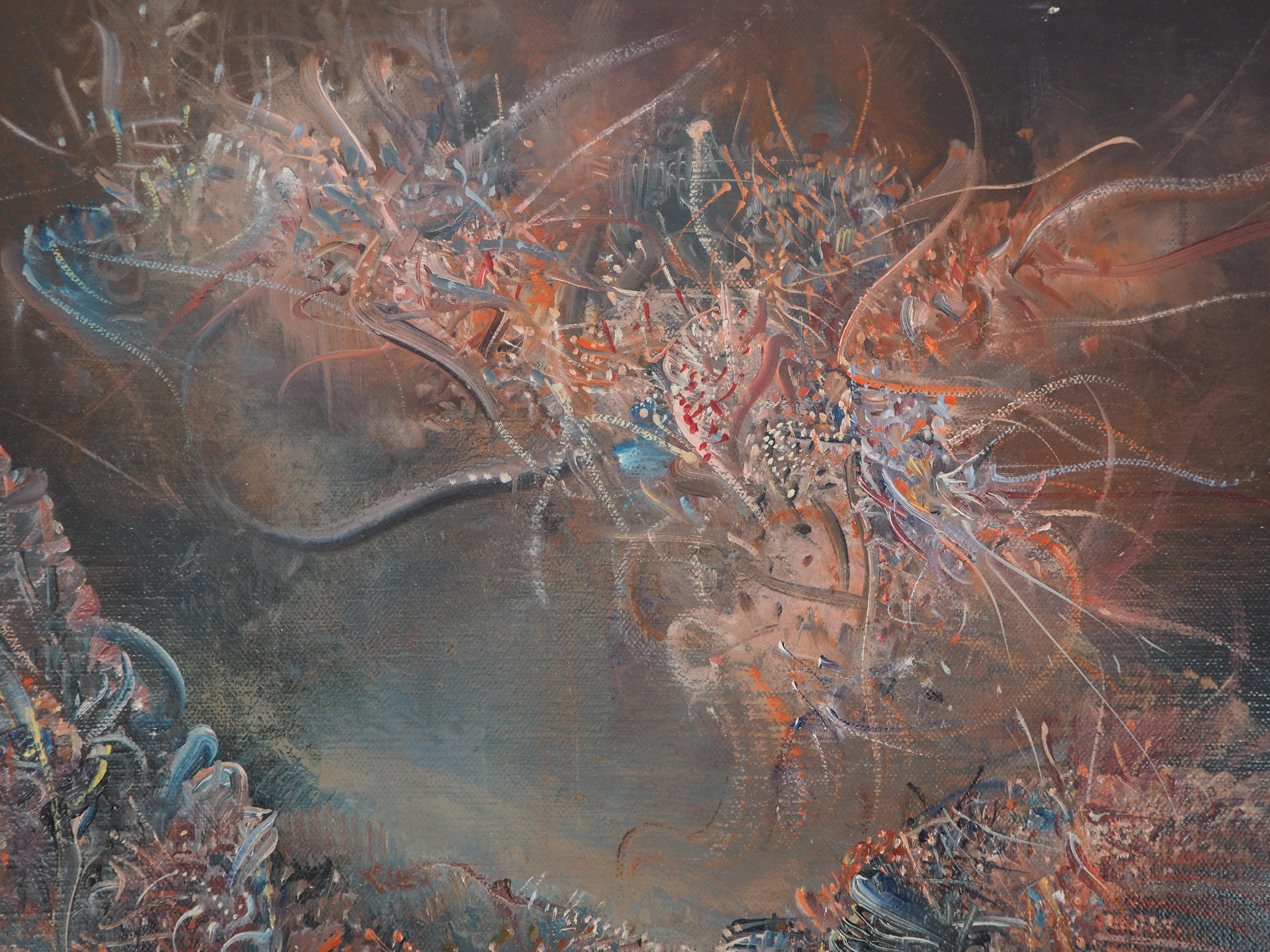 Paisaje surrealista - Óleo original sobre lienzo, firmado a mano - Landscape Painting Gris de Marc Janson
