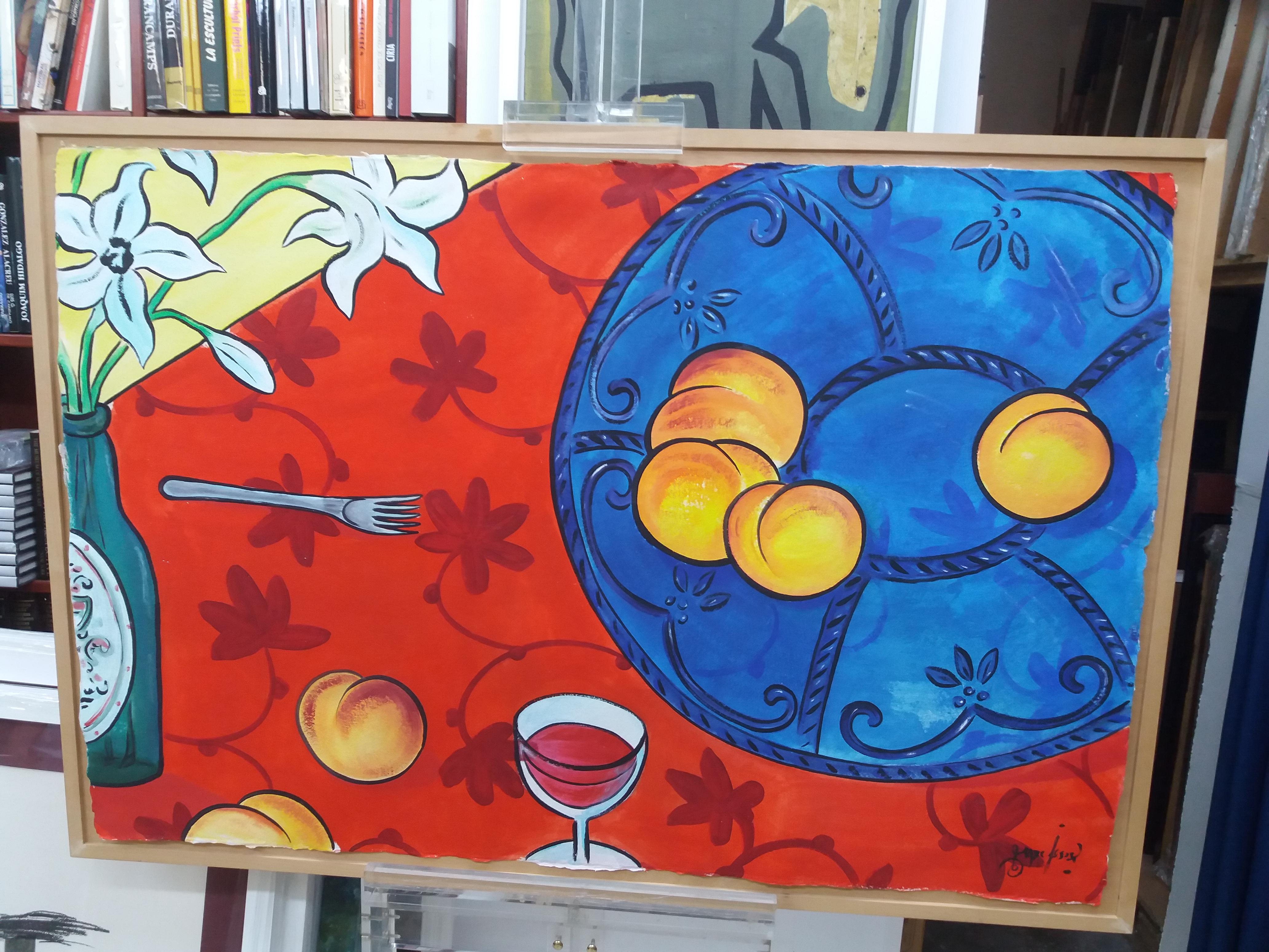 Marc Jesus  Red  Blue  Table original expressionist acrylic paper painting  - Painting by MARC JESUS