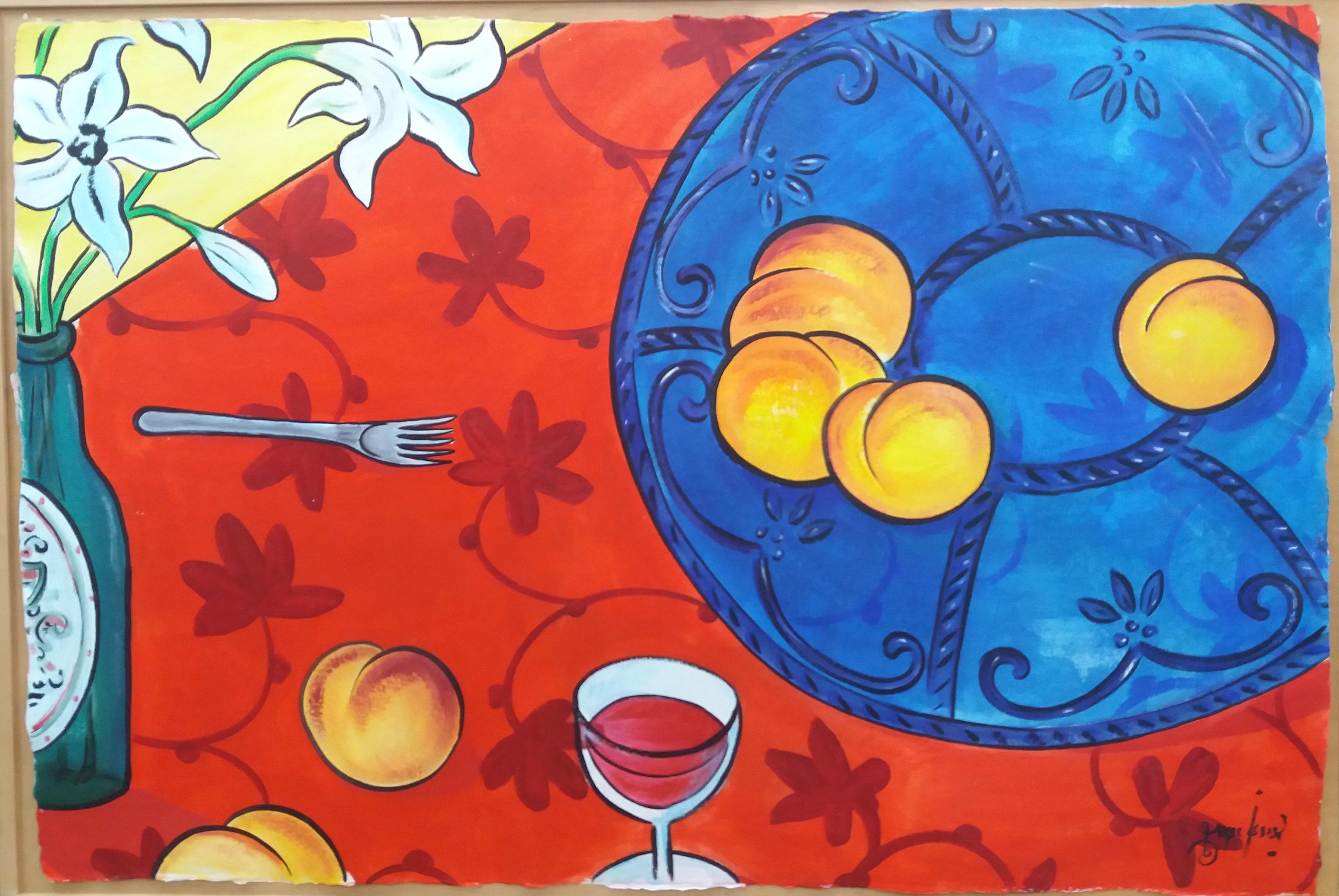 Marc Jesus  Red  Blue  Table original expressionist acrylic paper painting  For Sale 3
