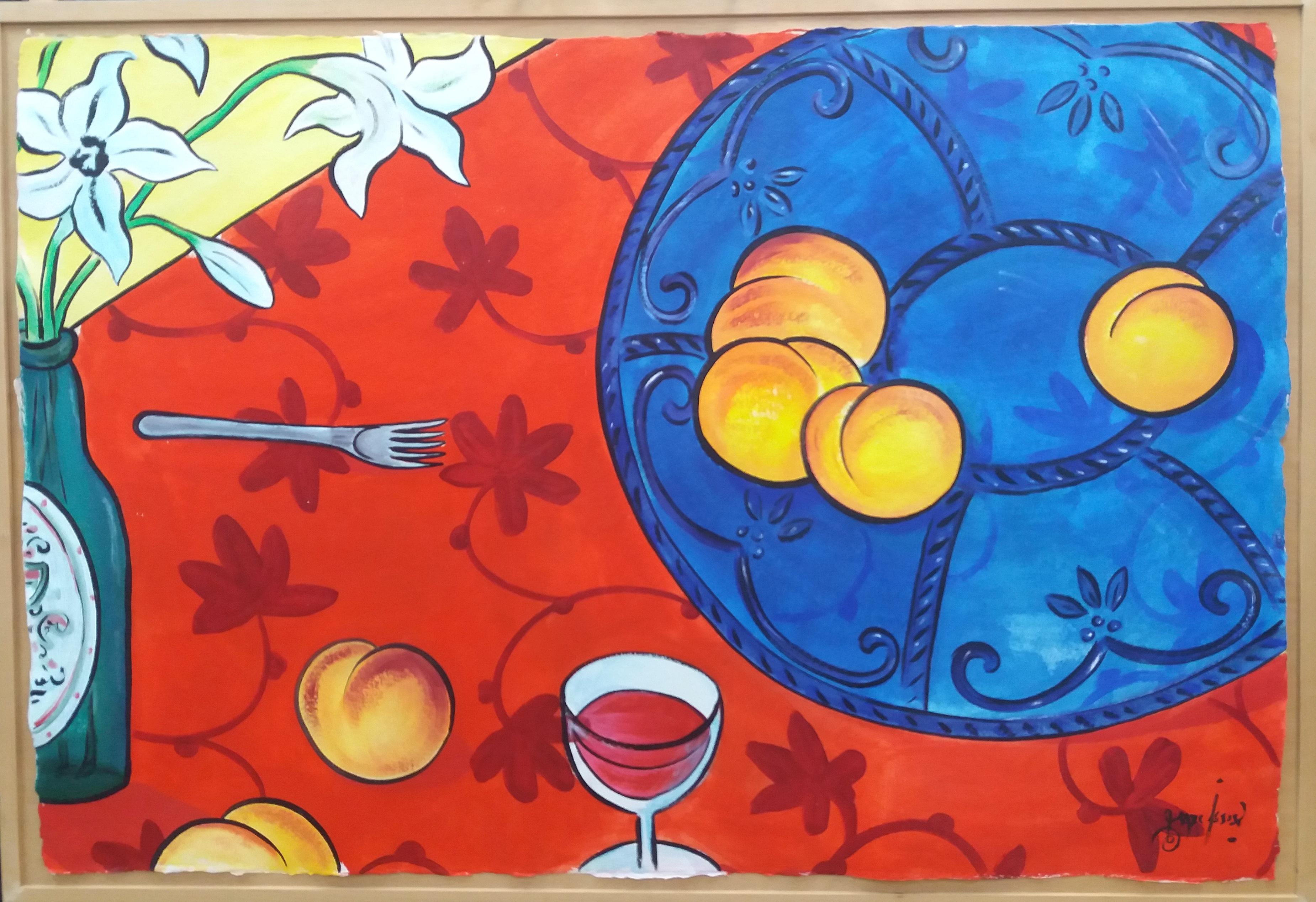 Marc Jesus  Red  Blue  Table original expressionist acrylic paper painting 