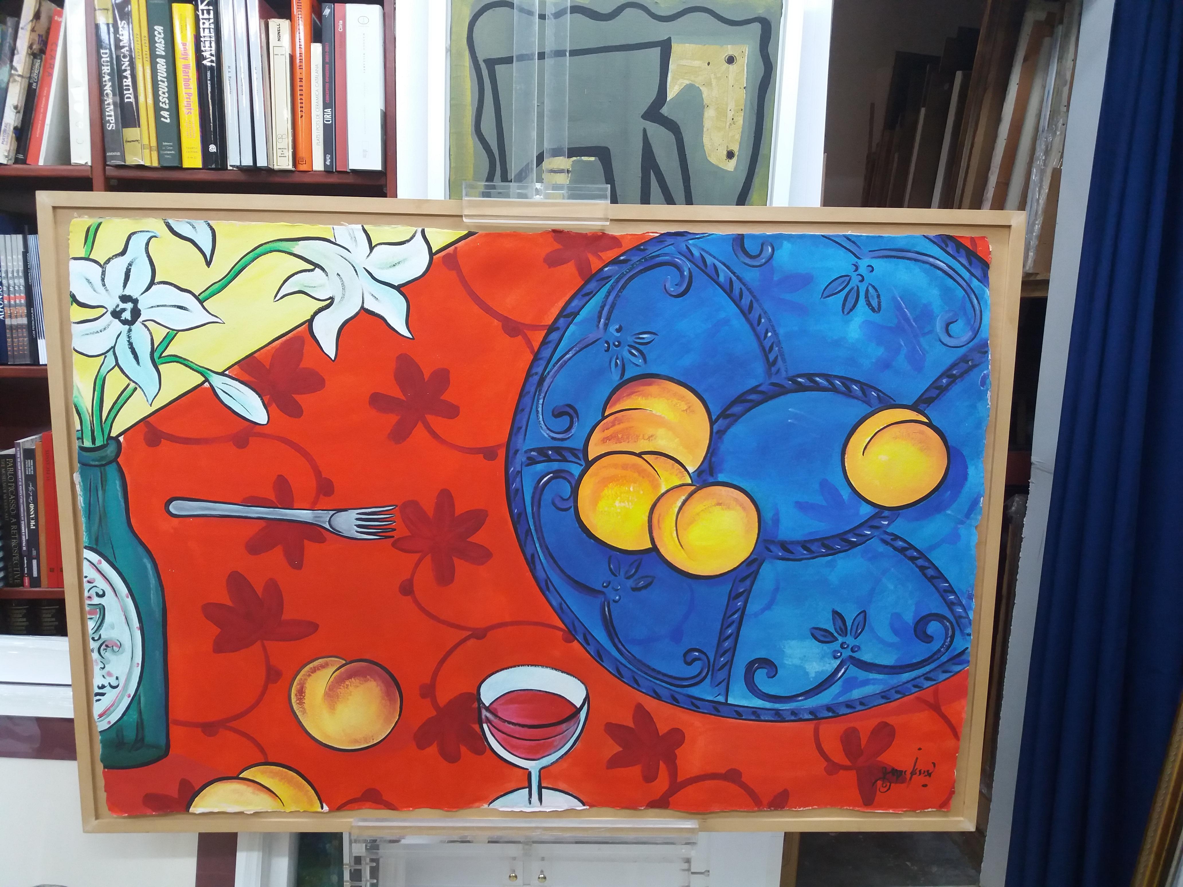 Marc Jesus 7 Rot  Blau  Original expressionistisches Acryl-Papier-Gemälde, Tisch (Orange), Still-Life Painting, von MARC JESUS